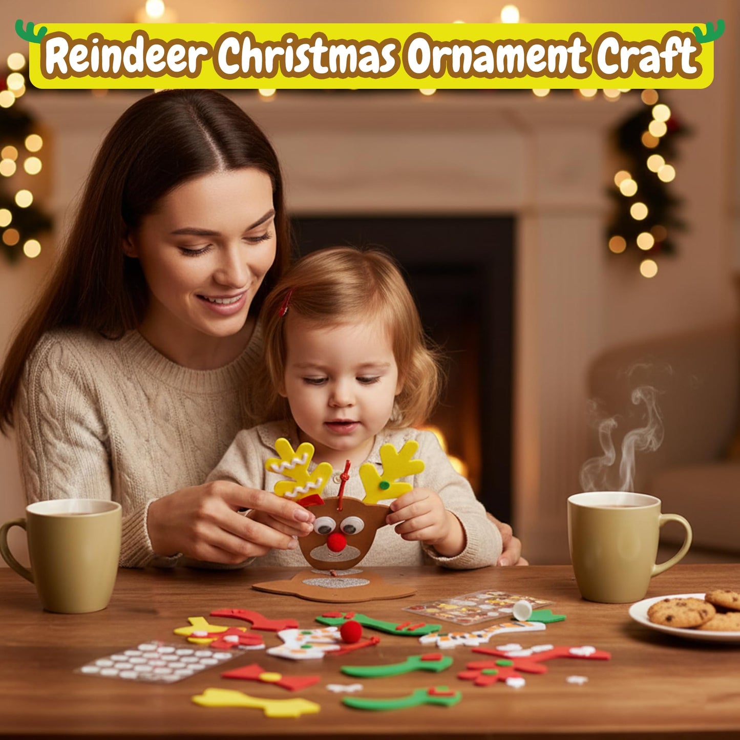 4E's Novelty Reindeer Christmas Ornament Craft for Kids (12 Pack) Updated Edition - Foam Bulk Arts and Crafts Kit for Kids Toddlers 4-8 DIY Craft