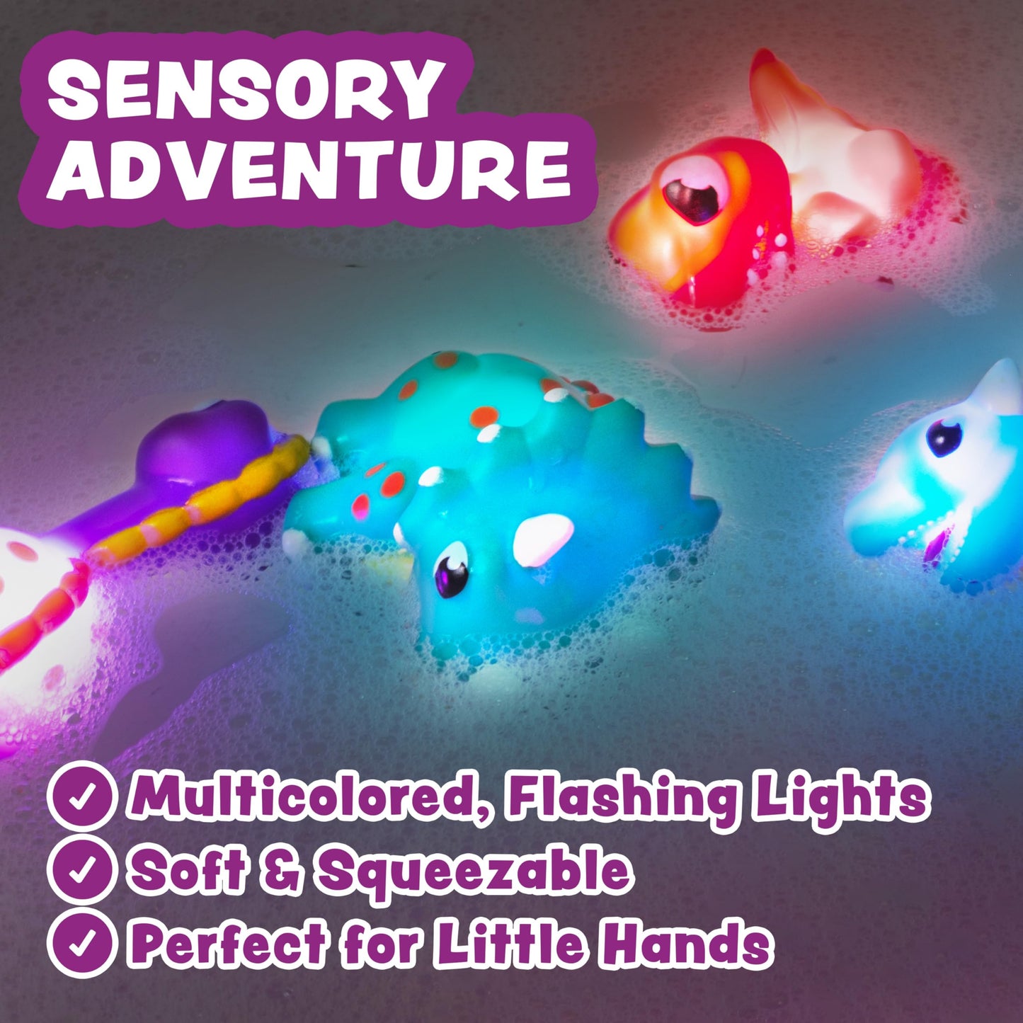 Tub Works® Dinos™ Dinosaur Light Up Bath Toys, 6 Pack | Water-Activated Light Up Toys Flash & Change Color | Easy-Grip Baby & Toddler Bath Toys |