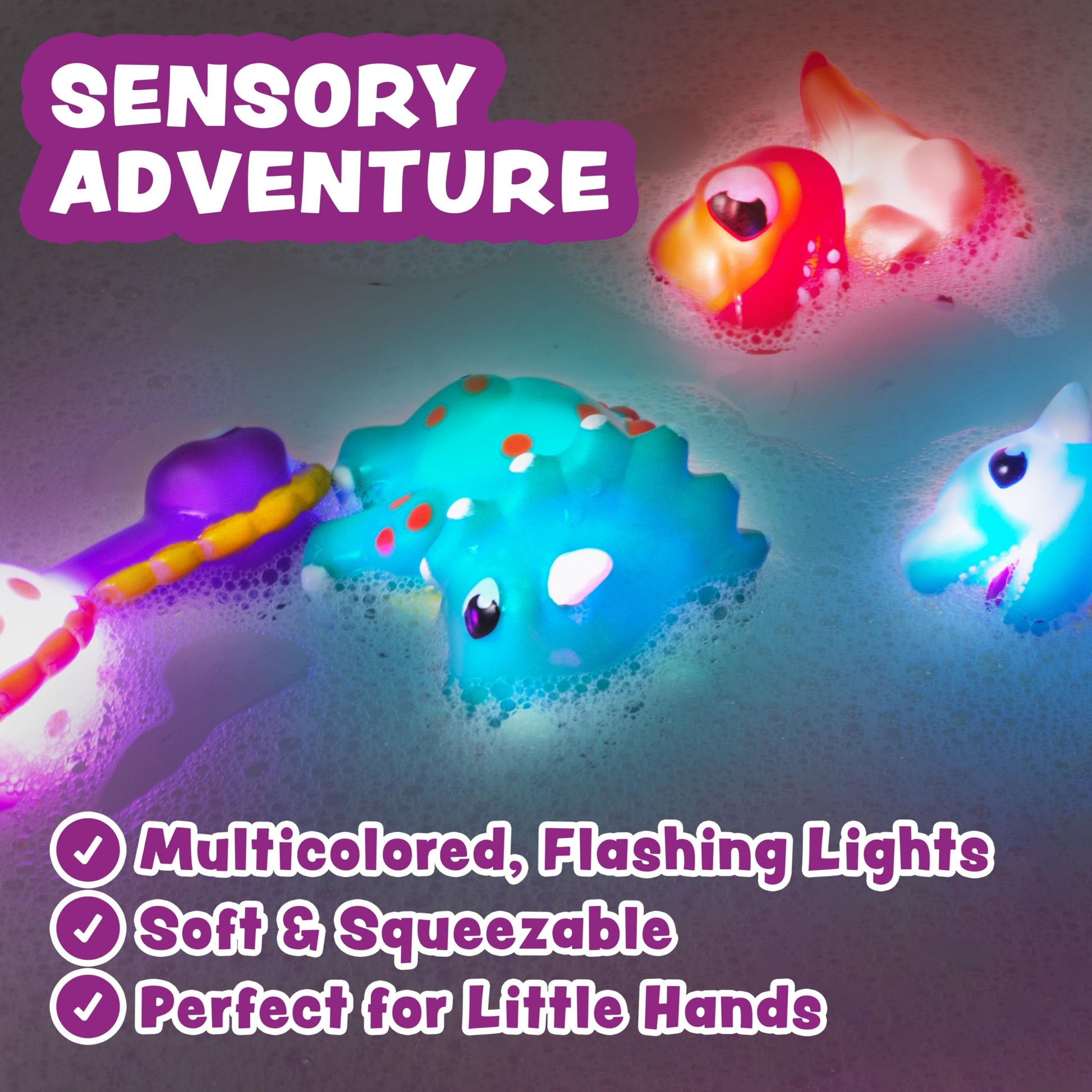 Tub Works® Dinos™ Dinosaur Light Up Bath Toys, 6 Pack | Water-Activated Light Up Toys Flash & Change Color | Easy-Grip Baby & Toddler Bath Toys |