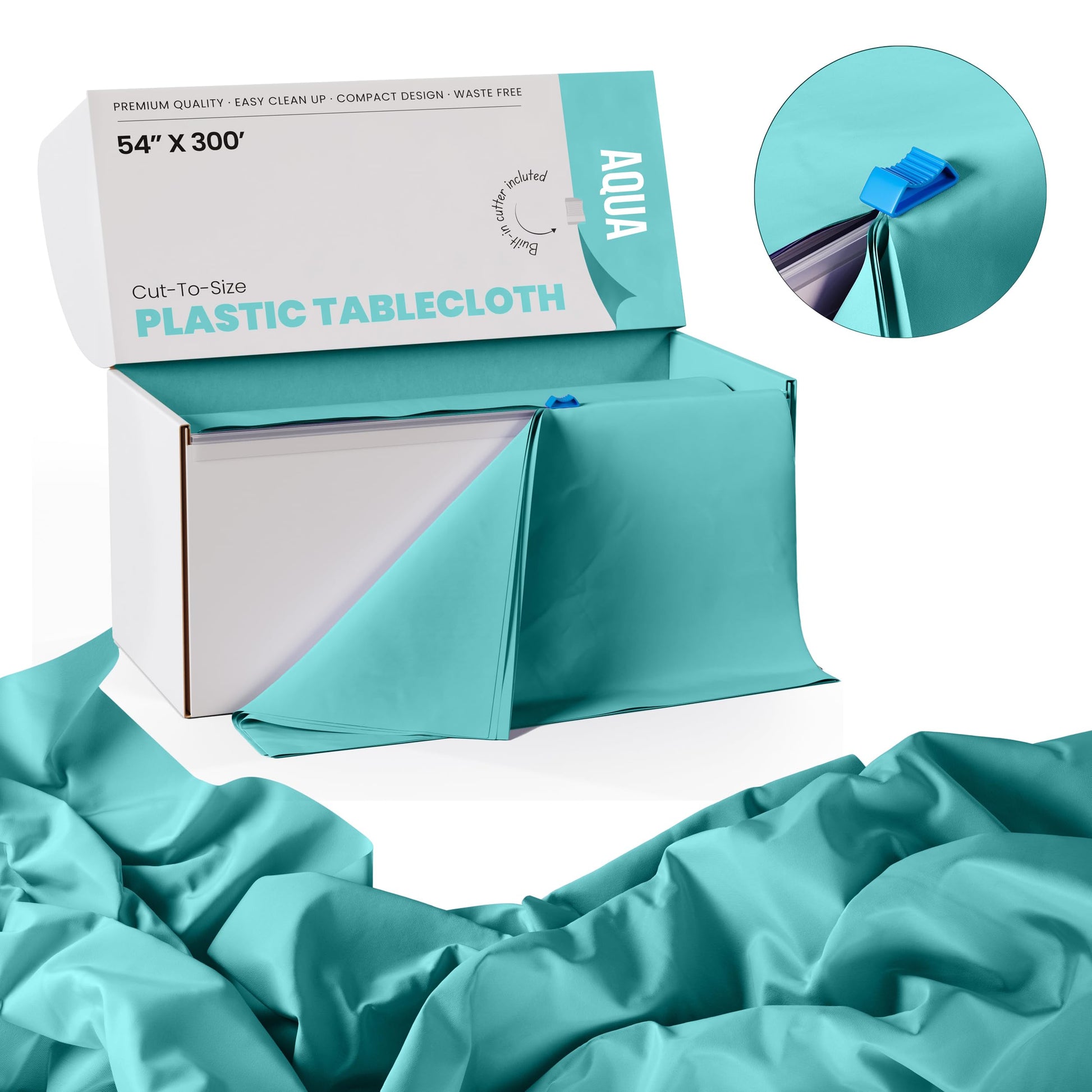 Exquisite Party Solids 54 Inch X 300 Feet Aqua Plastic Table Cover Roll in A Cut - to - Size Box with Convenient Slide Cutter. Cuts Up to 36 Rectangle
