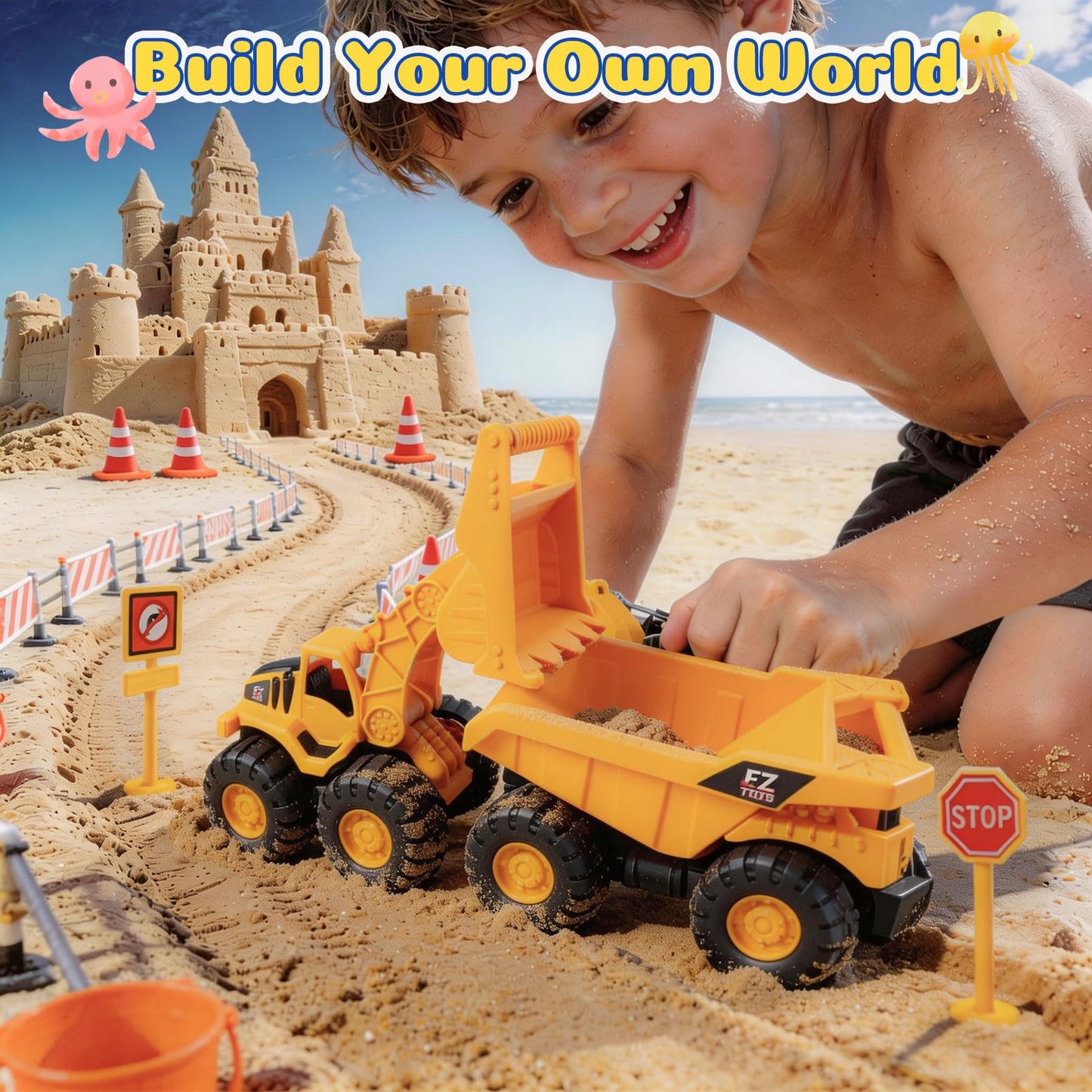 UBeesize 37 PCS Beach Toys, 3-in-1 Construction & Treasure Hunt Sand Toys