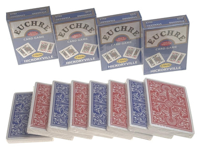 Hickoryville Euchre Card Game Set | 8 Pre-Stripped Decks (9-Ace) with Blank Counter Cards | 4 Red & 4 Blue Decks | Classic Euchre Playing Cards