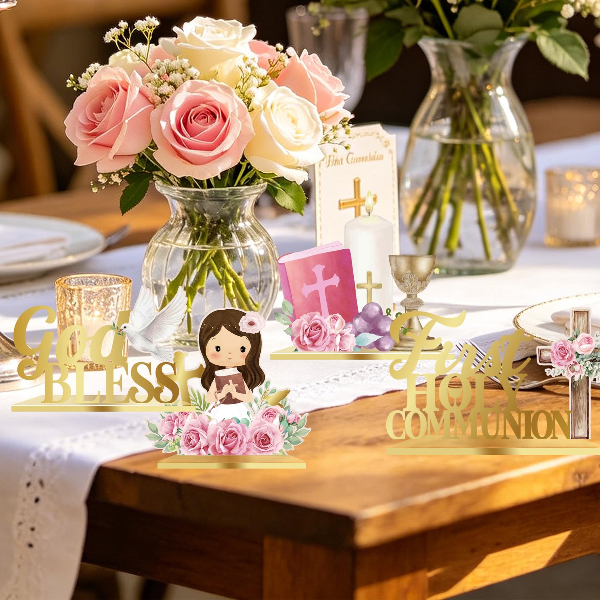 First Communion Table Decorations Pink Floral Baptism Centerpieces for Tables Baptism Decorations for Girl 1st Holy Communion Décor