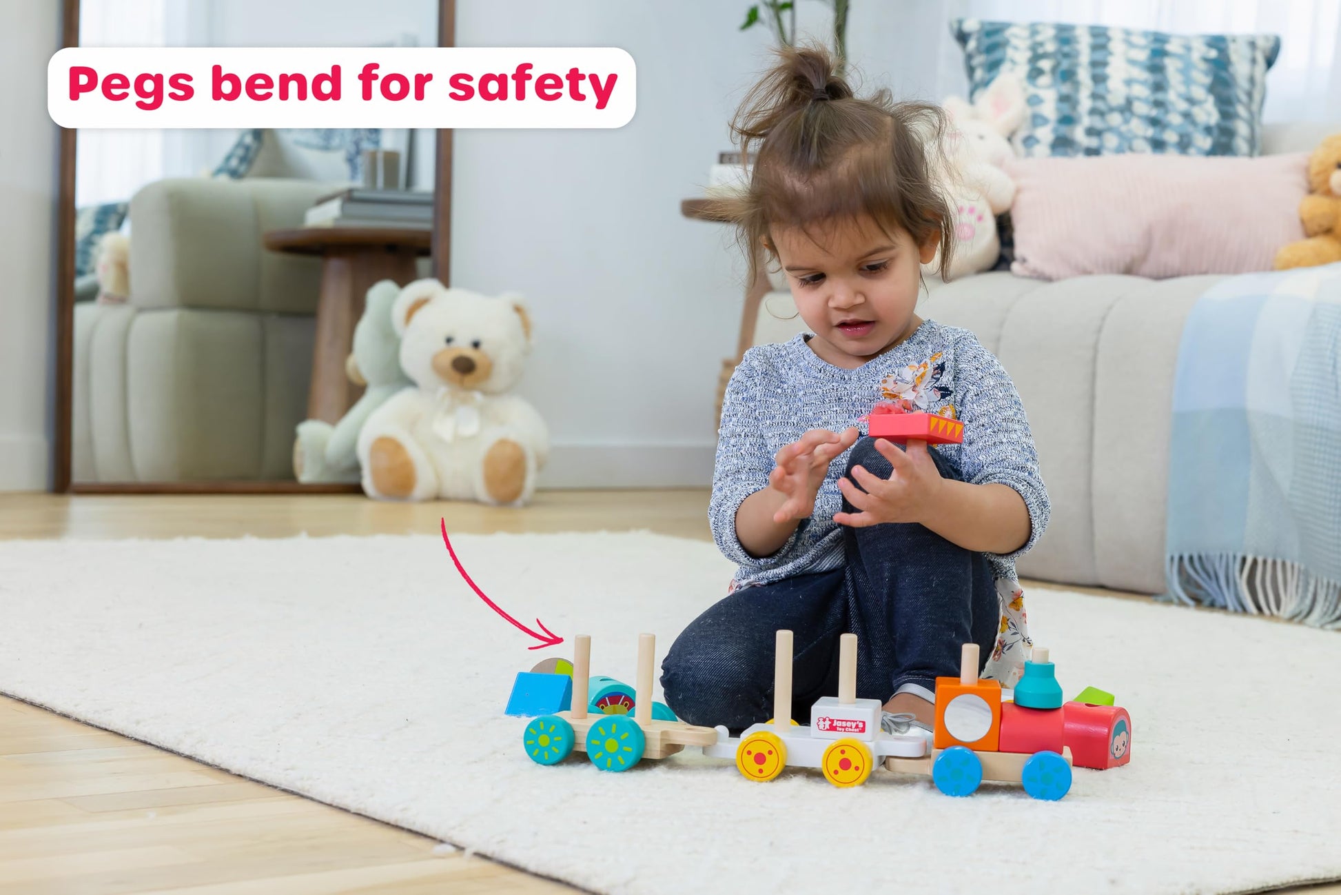 Jasey's Toy Chest Animal Friends Wooden Stacking Train | 16-Piece Train Set with 3 Interlocking Cars, 12 Colorful Double-Sided Animal Blocks |