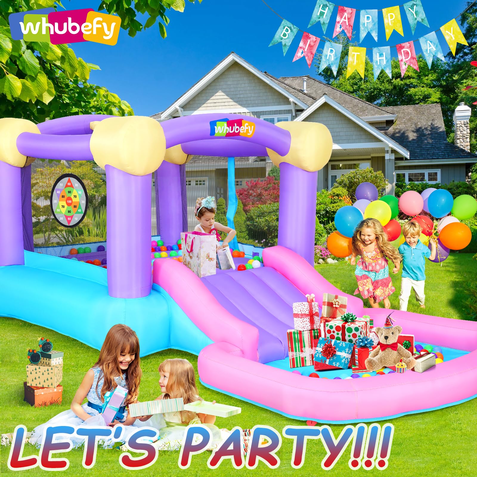 Whubefy Bounce House for Kids 3-6 with Ball Pit Pool & 50 Balls, 5-in-1 Inflatable Bouncy Castle with ETL Certified Blower, Slide, Dart Board with 6