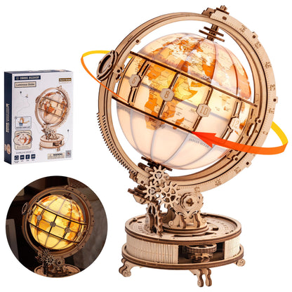 ROBOTIME 3D Wooden Puzzle for Adults - Luminous Globe with Automatic Rotation, ST003 - Wooden 3D Puzzles Building Kit with LED Light - Globe Model