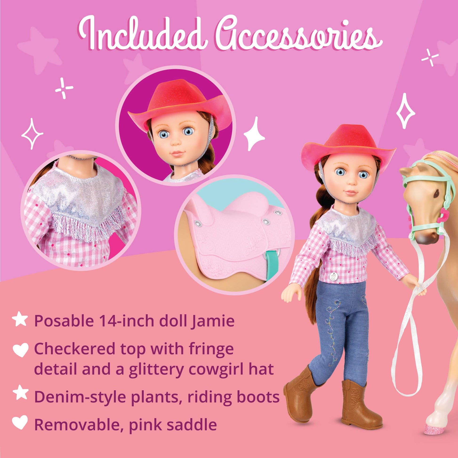 Glitter Girls - 14-Inch Equestrian Doll - Brown Hair & Blue Eyes - Riding Outfit with Cowgirl Hat - Horse with Tan Coat and Pink Saddle - 3+ Years