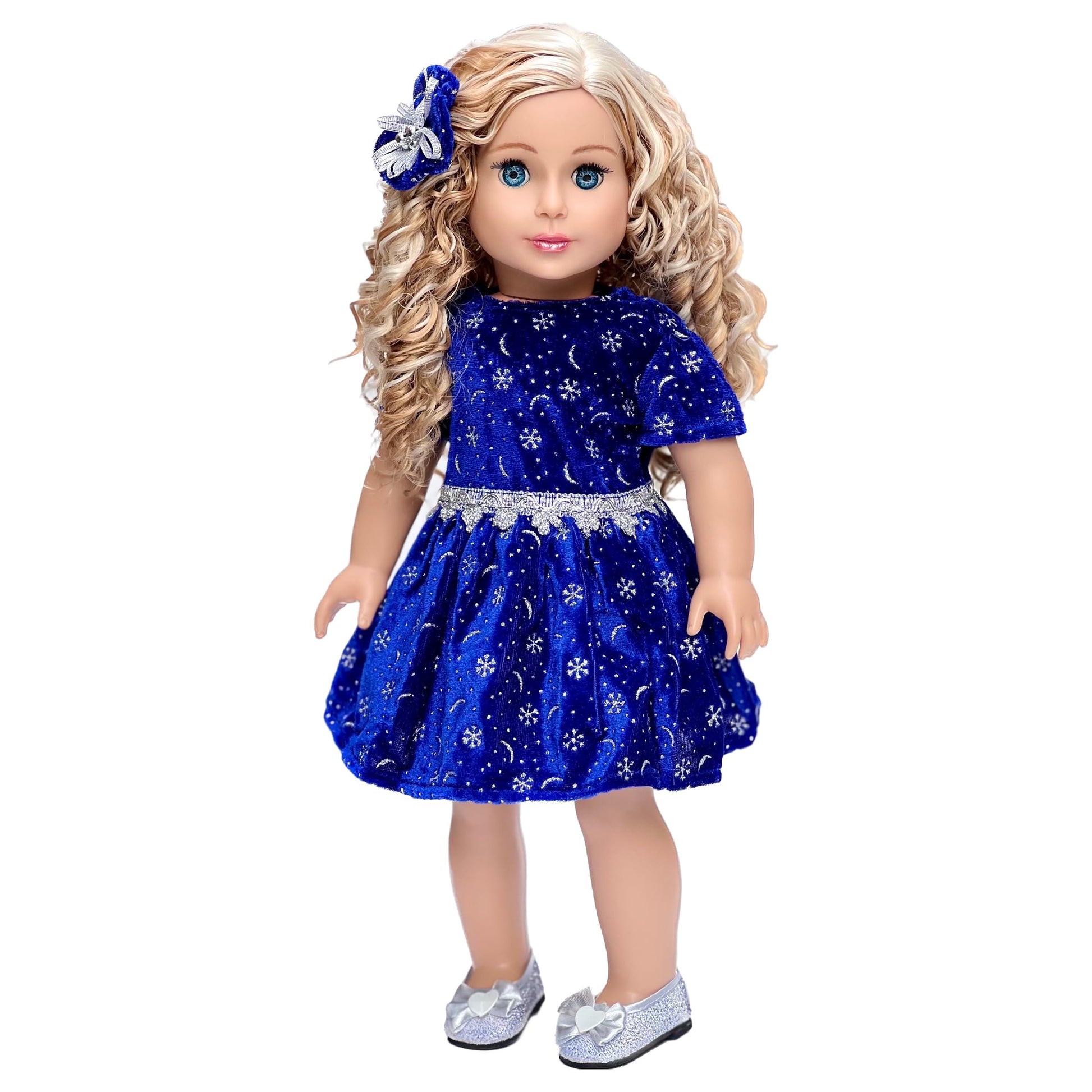 18 inch Doll Clothes - Midnight Blue - 3 Piece Outfit - Dark Blue Sparkling Holiday Dress with Matching Silver Shoes and Headpiece - Clothes Fits