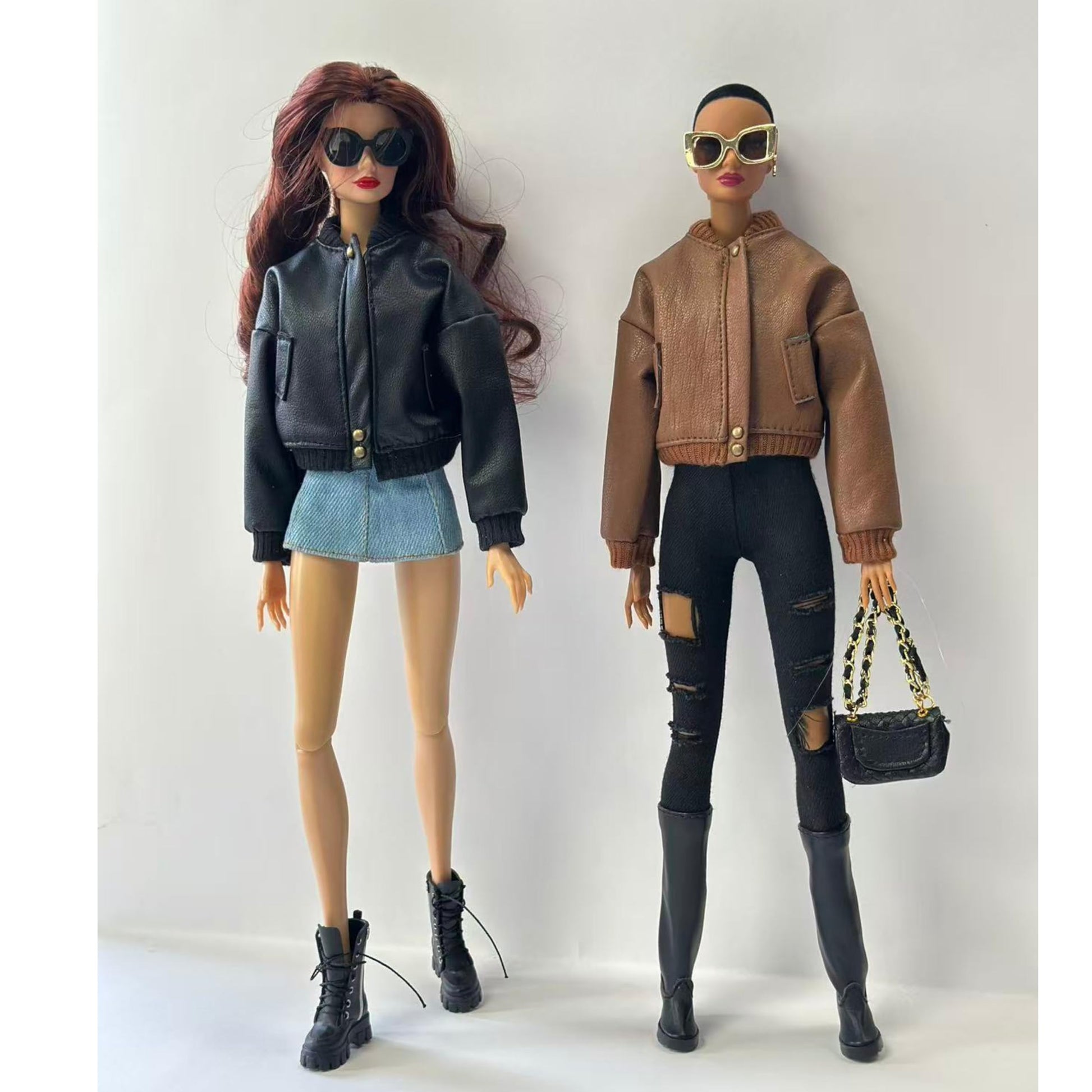 AQQeenmiu Fashion Doll Outfit Set, Bomber Jacket with Combat Boots and Chain Bag, for 11.5-12 inch Dolls, 1/6 BJD (Brown Bomber Jacke)