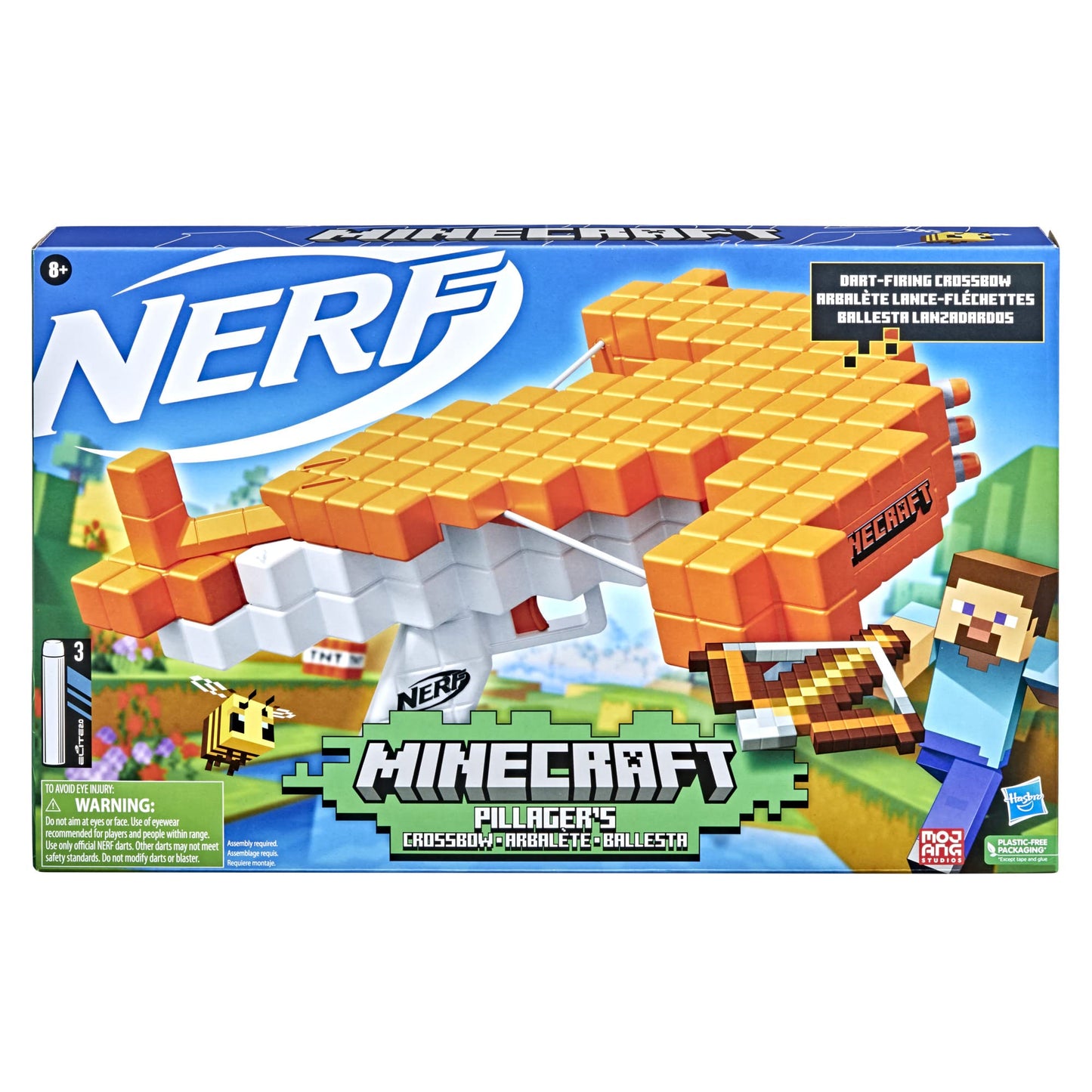 Nerf Minecraft Pillager's Crossbow, Dart-Blasting Crossbow, Includes 3 Elite Darts, Real Crossbow Action, Pull-Back Priming Handle