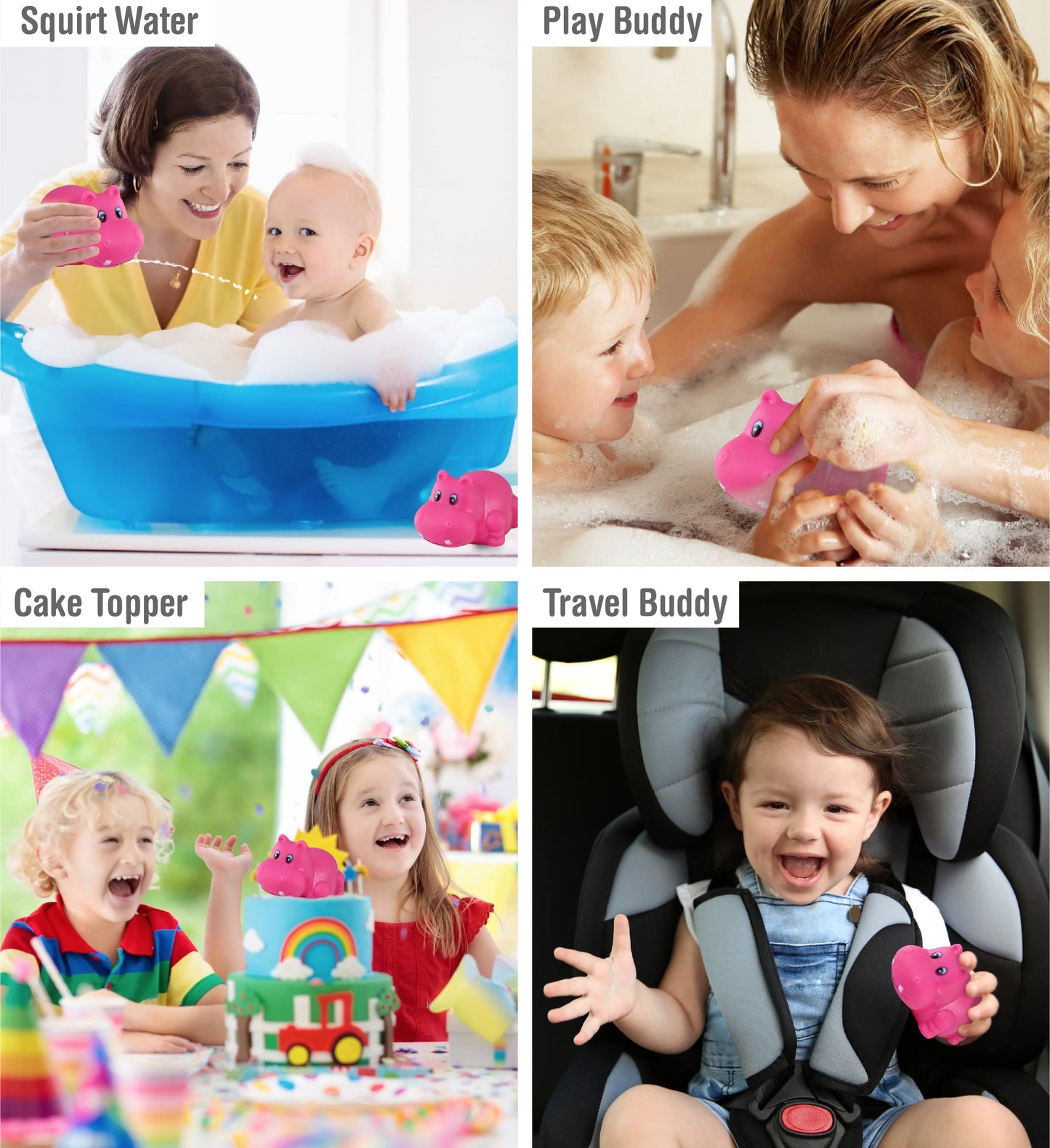 DolliBu Hippo Bath Buddy Squirter - Floating Pink Hippo Rubber Bath Toy, Fun Water Squirting Bathtime Play For Toddlers Cute & Soft Wild Life Animal