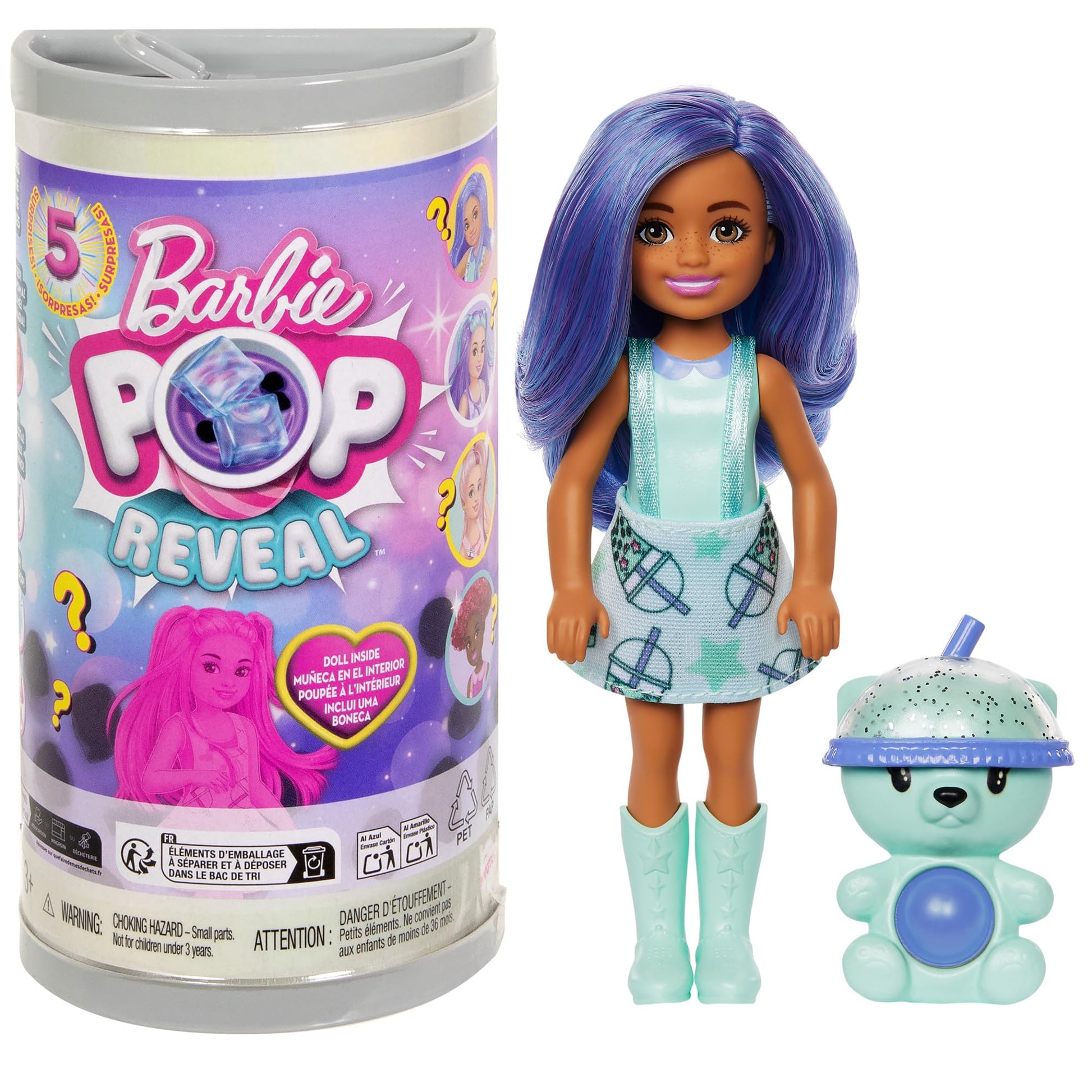 Barbie Chelsea Pop Reveal Bubble Tea Series Set with Themed Package & 5 Surprises Including Scented Small Doll & Pop-It Pet (Styles May Vary)