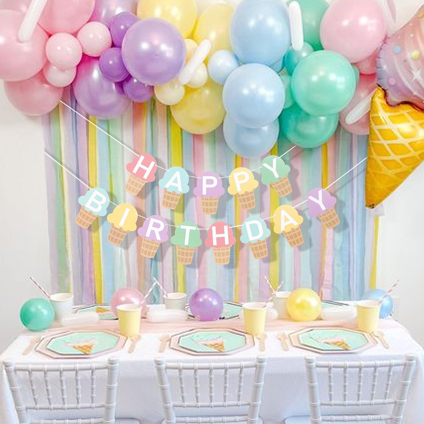 Ice Cream Happy Birthday Banner - Ice Cream Birthday Party Decoration,Summer Birthday Banner,Ice Cream 1st Birthday Banner,Ice Cream First Photo Props