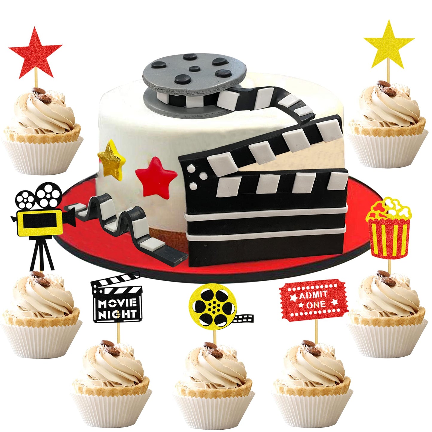 12 PCS Cake Topper Glitter Cupcake Toppers Picks Movie Night Birthday Party Decoration for Movie Theme Birthday Party Baby Shower Supplies