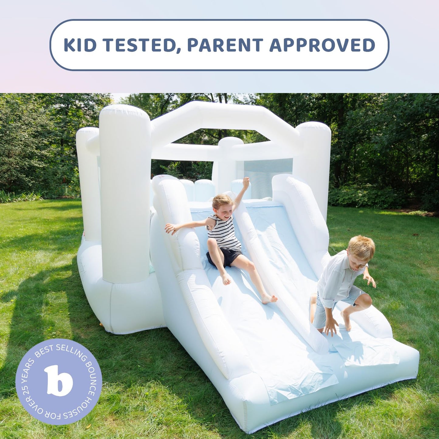Bounceland Obstacle Dream Bouncer Combo Slides,18.5 ft x 8.5 ft x 6 ft H, Air Blower Included with GFCI, Dual Slides, Obstacle Course, Trendy Neutral