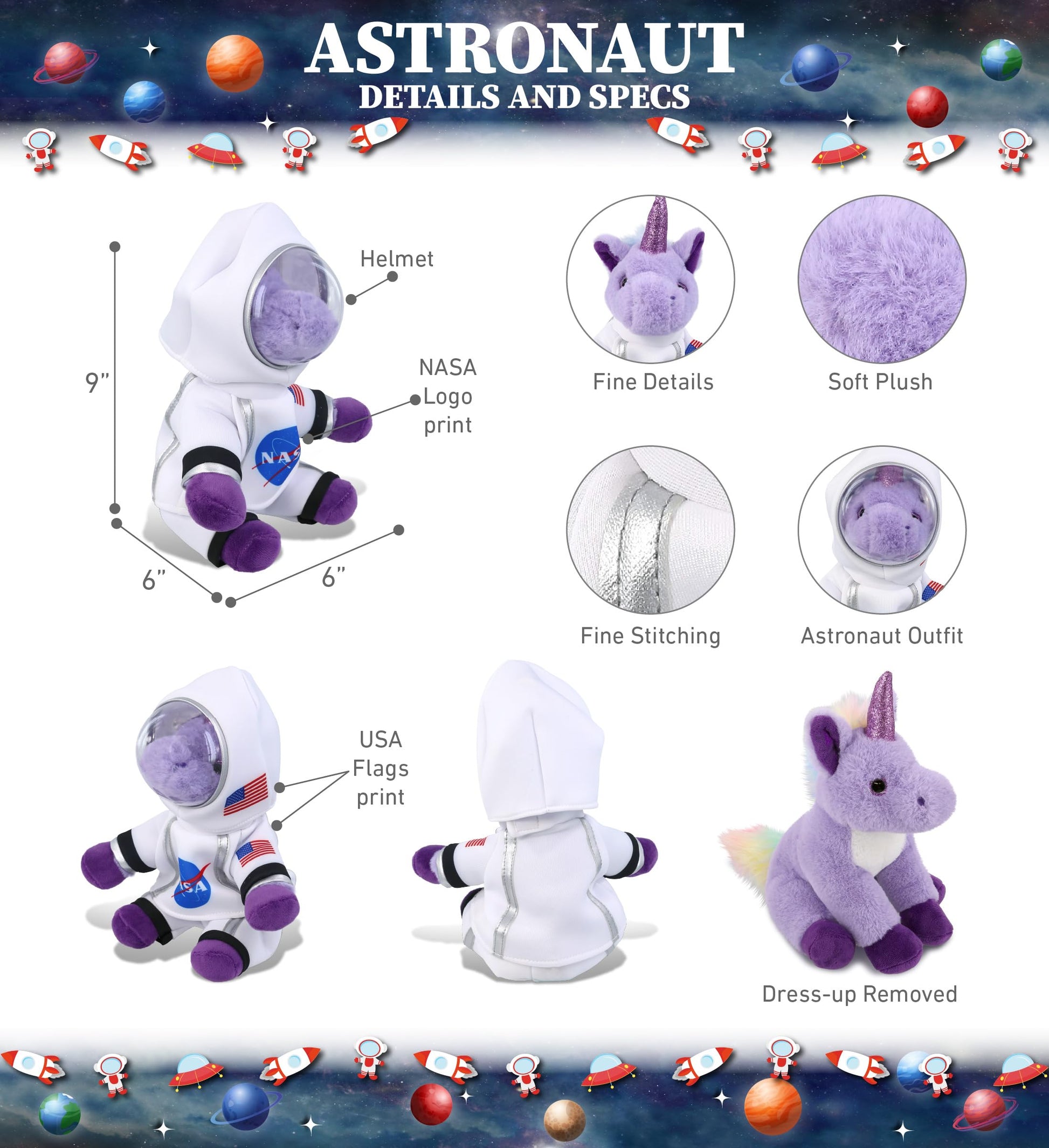 DolliBu Purple Unicorn Astronaut Plush Toy - Fantasy Astronaut Stuffed Animal with Space Helmet and NASA Astronaut Suit, Spaceman Doll Decor for Girls