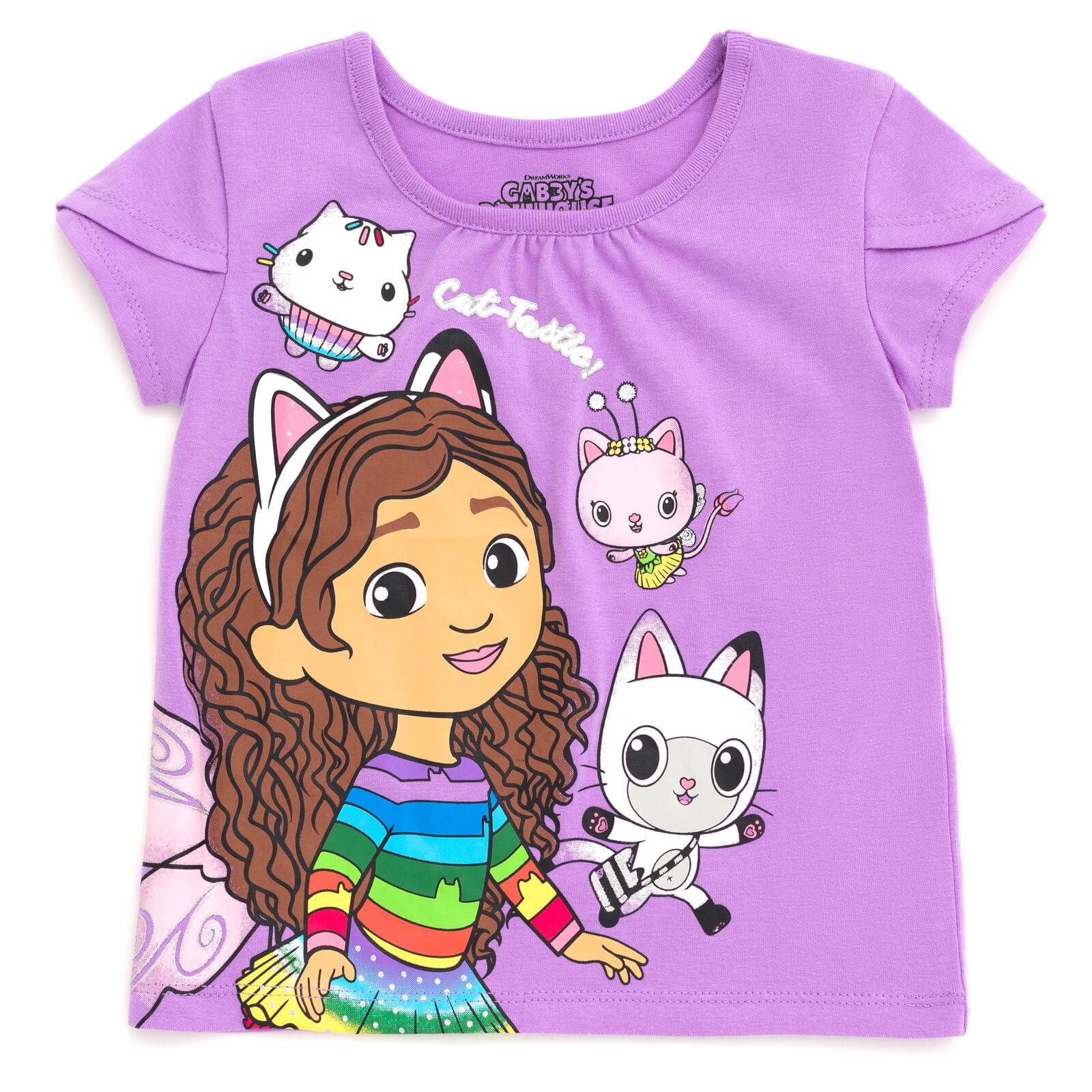DREAMWORKS GABBY'S DOLLHOUSE Little Girls T-Shirt Tulle Mesh Skirt and Scrunchie 3 Piece Outfit Set Purple/Rainbow 7-8