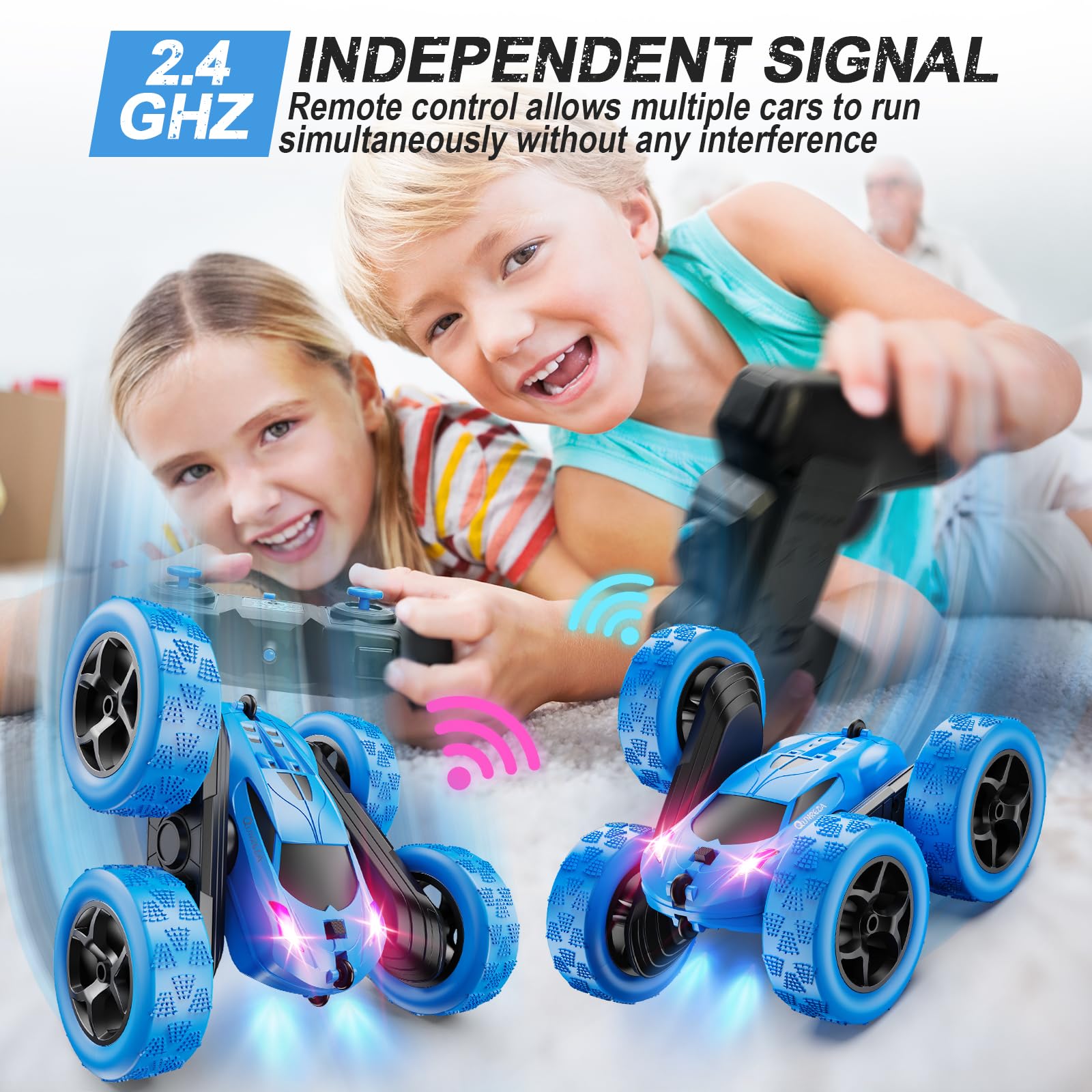 QUNREDA Remote Control Car, RC Cars Toys for Kids Ages 6-12, 4WD Stunt Car with LED Lights & 360° Flips, 2.4GHz, Upgraded USB-C Modular Batteries