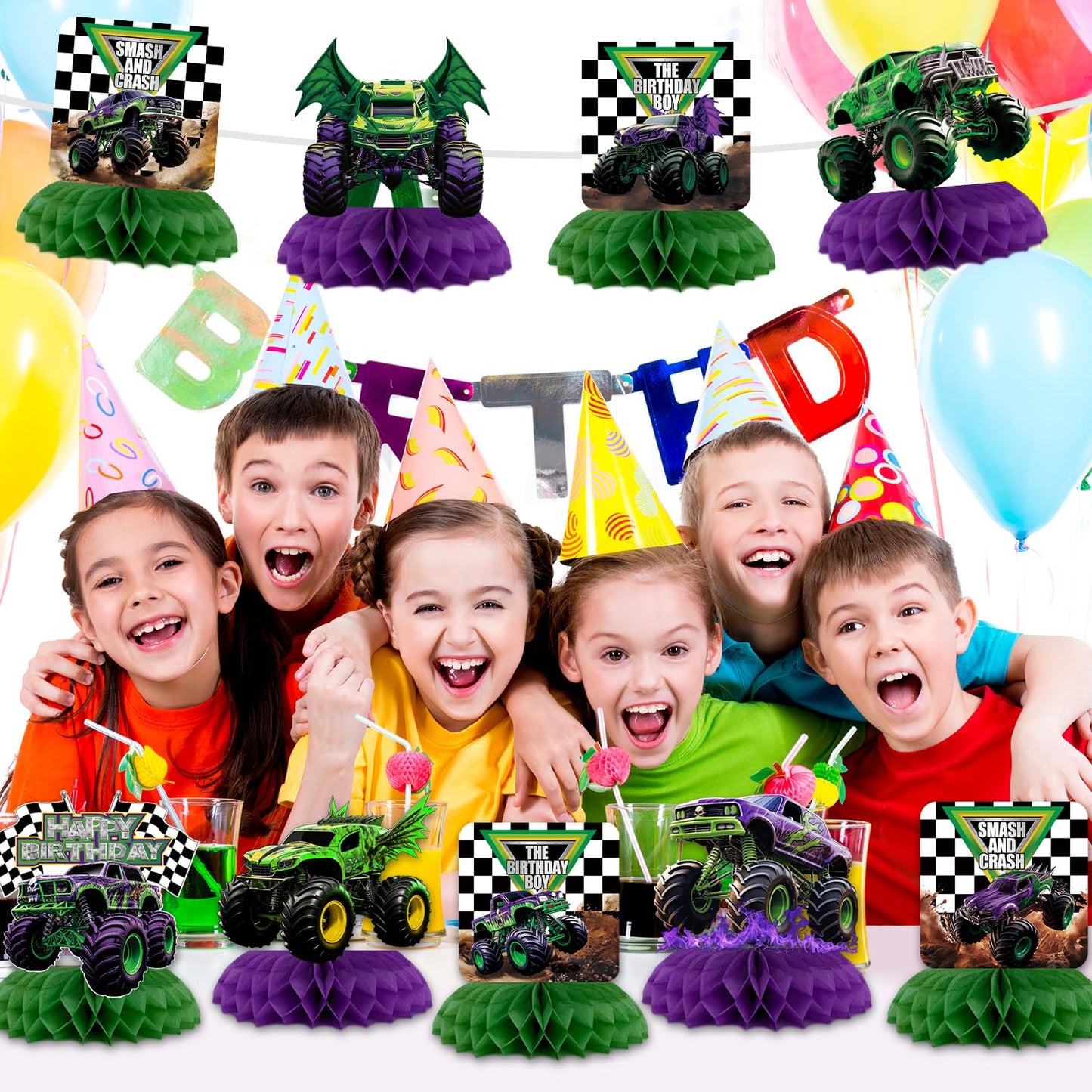 9Pcs Monster Truck Honeycomb Centerpieces Monster Truck Birthday Party Decorations Monster Truck Table Decorations Monster Truck Party Supplies