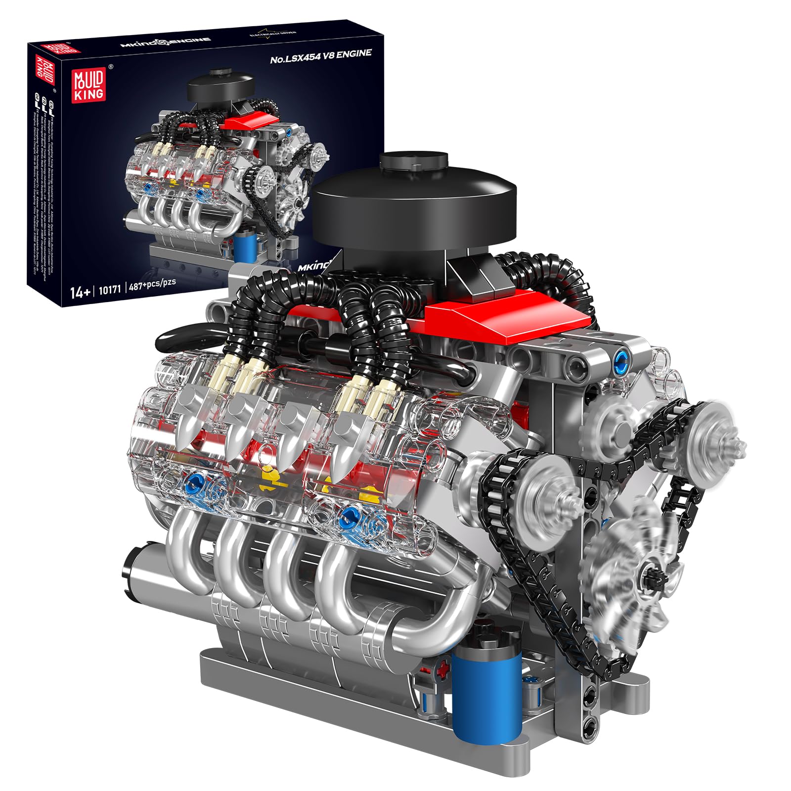 Mould King 10171 V8 Engine Building Blocks Sets, V8 Engine Model kit That Run, Build Your Own STEM Model Engine, 8-Cylinder Car Engine Building
