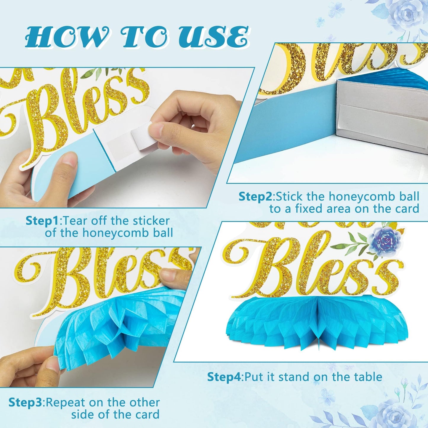 ANGOLIO 12Pcs Blue Floral God Bless Honeycomb Centerpieces Christian Cross Baptism First Confirmation Table Party Decorations for Boys Girls Baby
