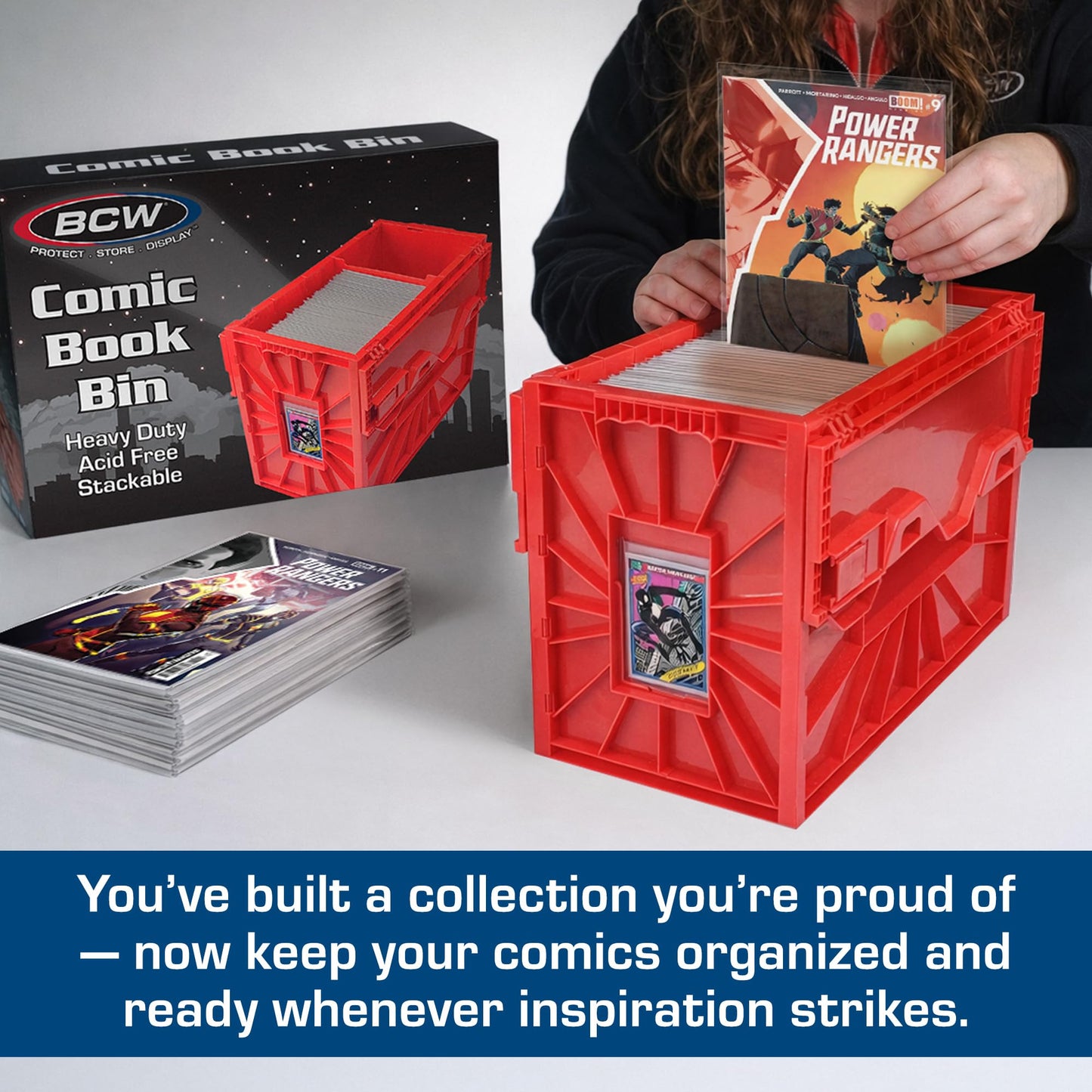 BCW Short Comic Book Bin | Holds 150 Comics | Stackable Plastic Storage | Acid-Free Organizer | Red, 2 Pack