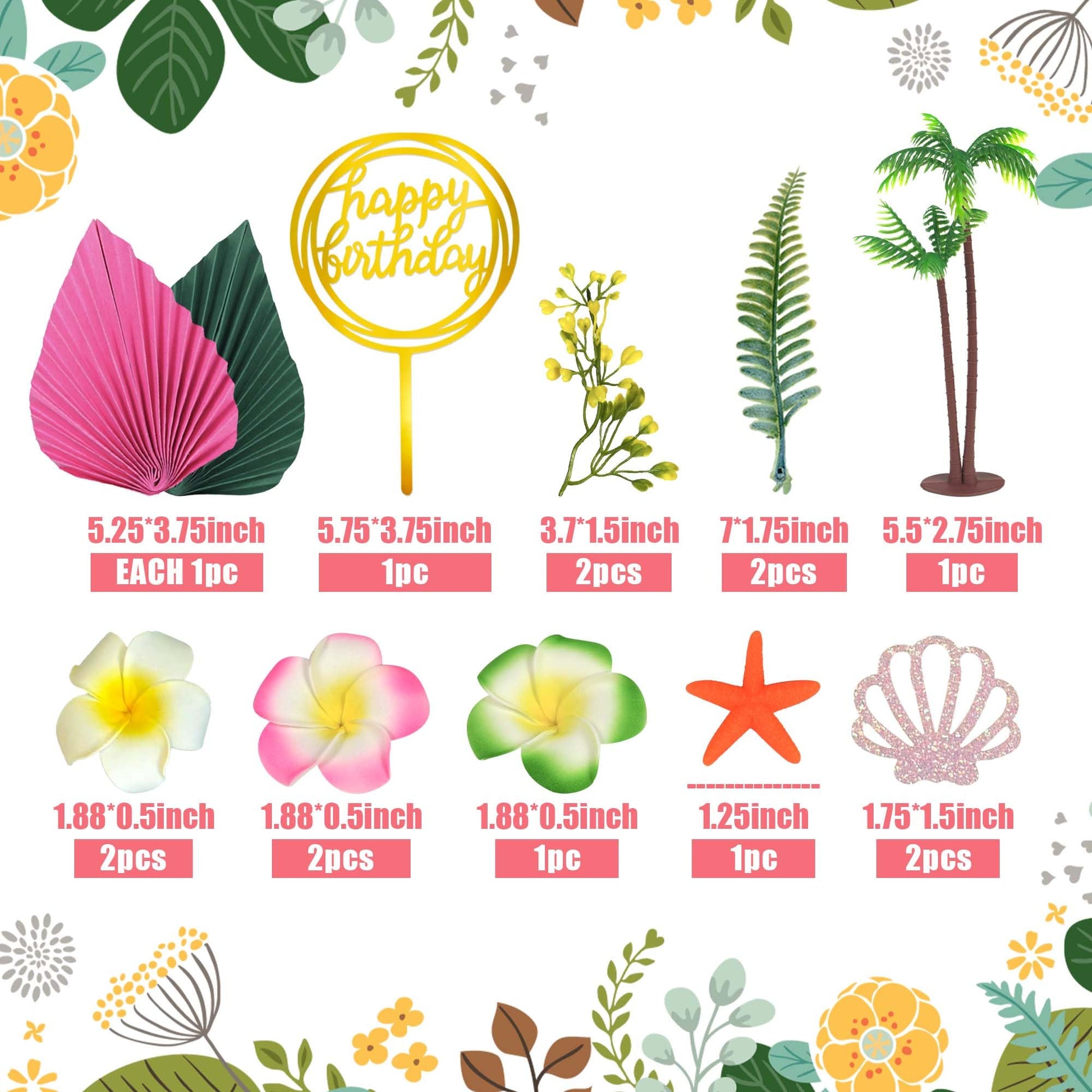 Summer Flower Cake Toppers Starfish Cake Decorations Coconut Tree Hibiscus Flower Cake Toppers for Tropical Hawaiian Beach Luau Themed Supplies