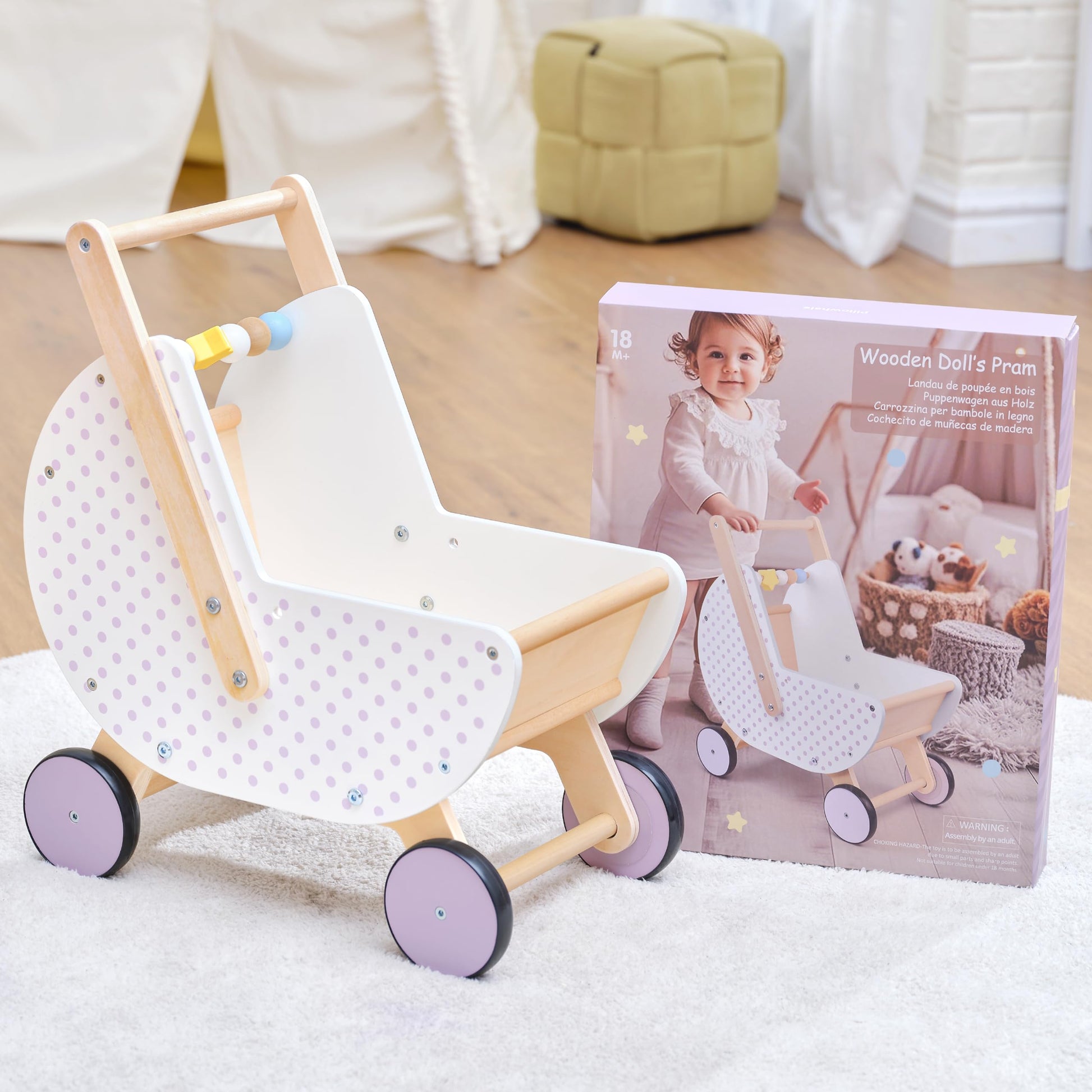Pillowhale Wooden Baby Walker & Doll Stroller - Adjustable Handle Push Cart, Anti?Tip, Quiet Wheels, Pretend Shopping Cart - Montessori Wooden Walker
