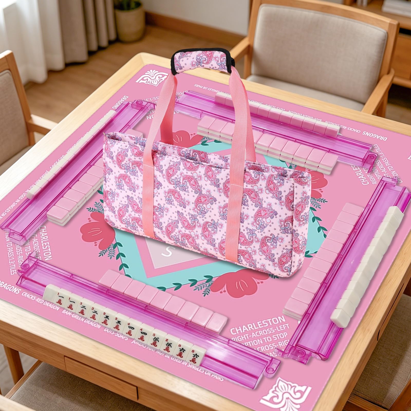 Roneenz American Mahjong Set with Mat and Racks - 166 Pink Tiles, 4 All-in-One Color Rack/Pushers, Chips & Dice, Pink Carrying Bag - Complete Portable