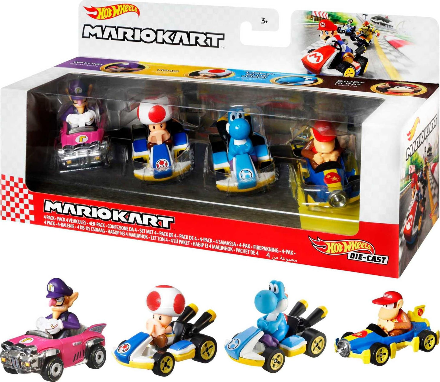 Hot Wheels Mario Kart Vehicle 4-Pack, Set of 4 Fan-Favorite Characters Includes 1 Exclusive Model, Collectible Gift for Kids & Fans Ages 3 Years Old