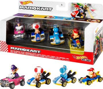 Hot Wheels Mario Kart Vehicle 4-Pack, Set of 4 Fan-Favorite Characters Includes 1 Exclusive Model, Collectible Gift for Kids & Fans Ages 3 Years Old