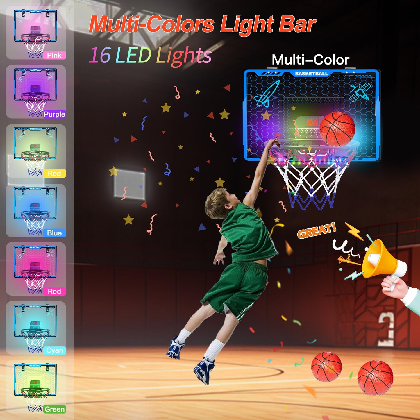 Awsoo Indoor Basketball Hoop for Kids, Mini Basketball Hoop with Electronic Scoreboard & LED Lights, Over The Door Basketball Hoop with 4 Balls, Slam