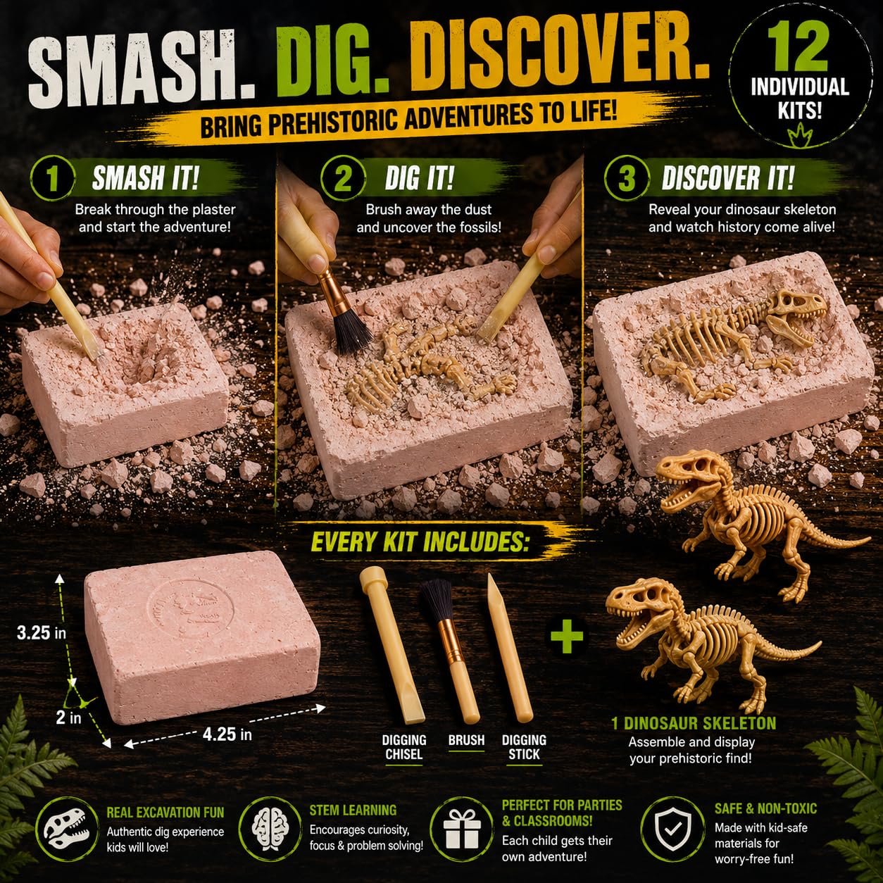 12 Pack Dinosaur Excavation Dig Kit for Kids, Dino Fossil Dig Kits with 3D Skeleton Toys, Bulk STEM Science Paleontology Archaeology Educational Toys
