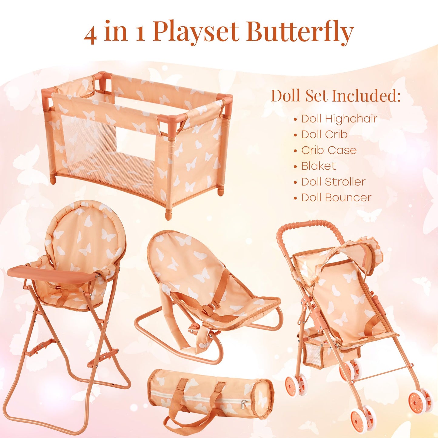 4-in-1 Baby Doll Stroller Set with Butterfly Design - Includes Toy Stroller, Crib, Bouncer & High Chair - Doll Accessories & Baby Doll Furniture Set