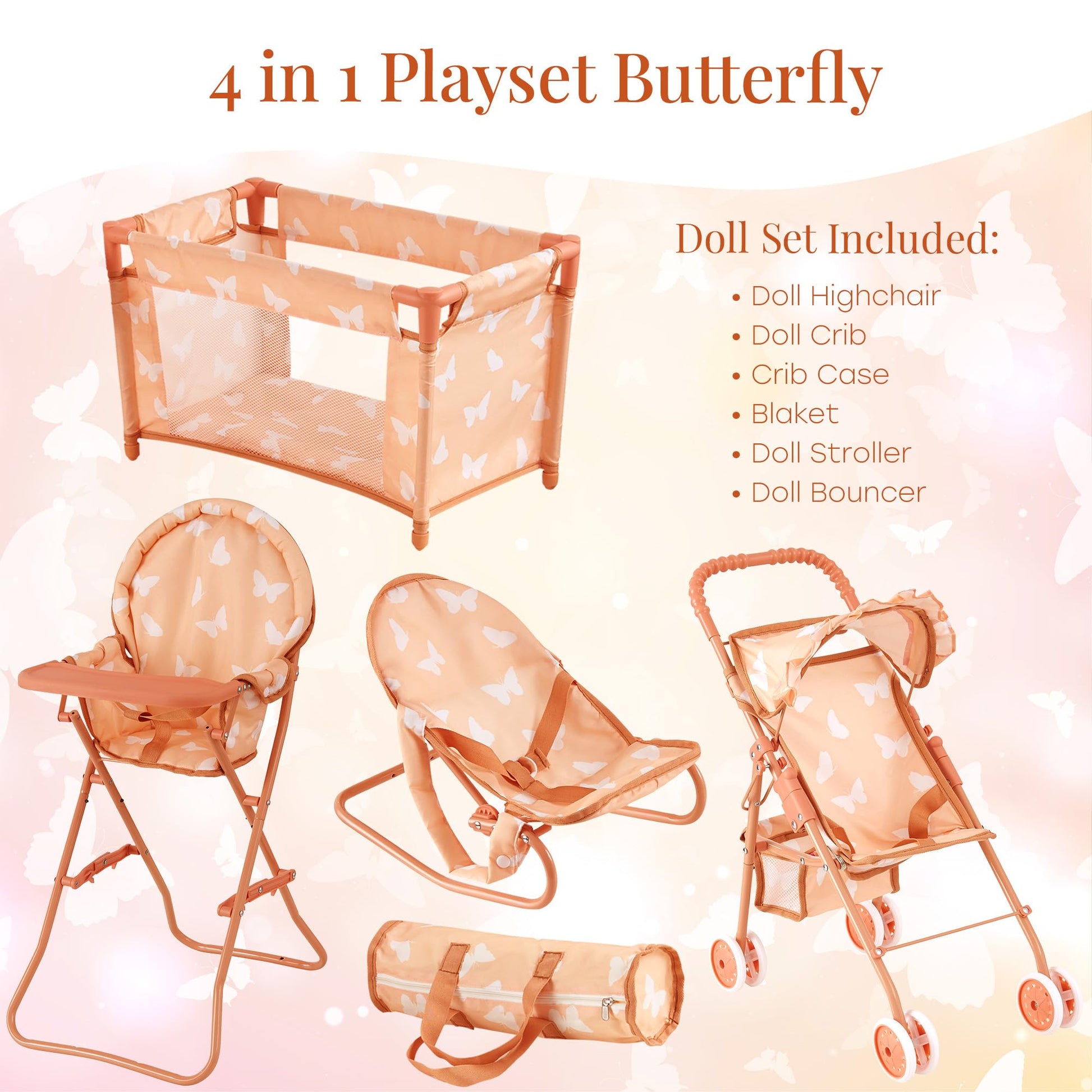 4-in-1 Baby Doll Stroller Set with Butterfly Design - Includes Toy Stroller, Crib, Bouncer & High Chair - Doll Accessories & Baby Doll Furniture Set