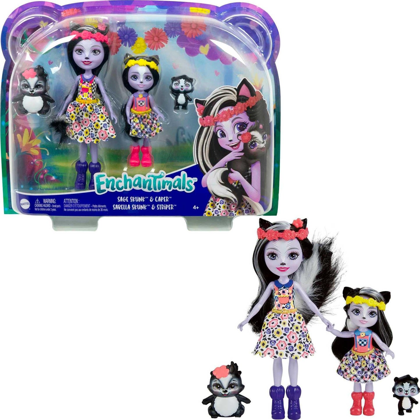 Mattel Enchantimals Family Set with 2 Sister Small Dolls & 2 Animal Figures, Sage (6-inch) & Sabella (4-inch) Skunk Dolls in Removable Skirts &