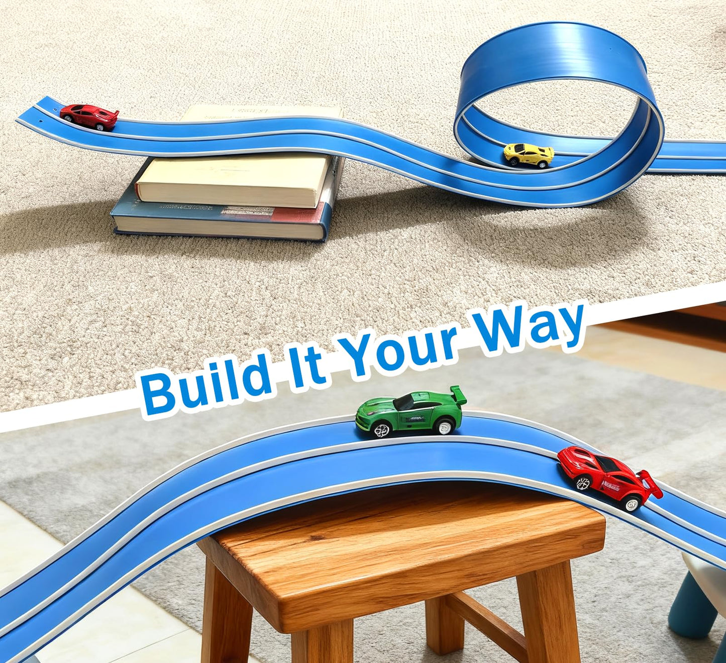 15 Ft Flexible Race Car Track (Daytona Blue) for Kids,Flex Track Starter Set Compatible with Hot Wheels and Diecast 1/64th Cars,Portable Racetrack