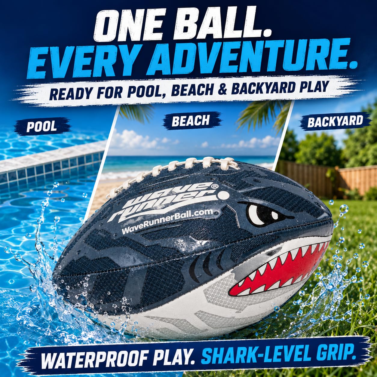 Wave Runner Grip It Shark Football, Waterproof Pool & Beach Football with Silicone Grip, 9.25 Inch Kids Football for Swimming Pool, Beach, Lake