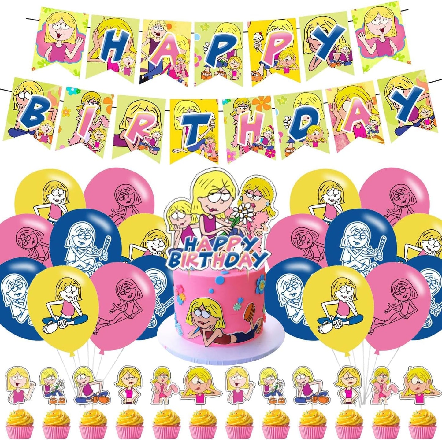 ???????????? ?????????????? Birthday Party Decorations, Cartoon Girls Themed Set Includes Banner, Cupcake Cake Toppers, Birthday Balloons for Fans Adults Party