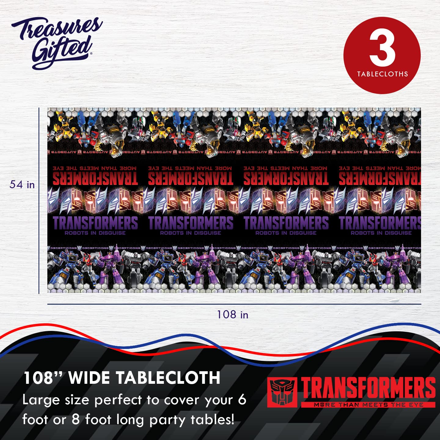 Treasures Gifted Officially Licensed Transformers Birthday Party Supplies - Pack of 3 Tablecloth for Birthday 54 x 108 Inches - Transformers Party