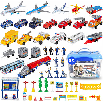 57 PCS Commercial Airport Playset with Airplane Toys, Play Vehicles, Fire Trucks, Police Cars & Figures, and Accessories in Storage Bucket for Kids