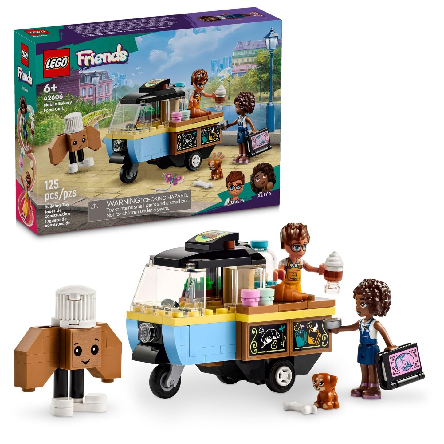 LEGO Friends Mobile Bakery Food Cart Playset, Cooking Toy for Pretend Play, Small Gift for Kids, Girls and Boys Ages 6 and Up with Aliya and Jules
