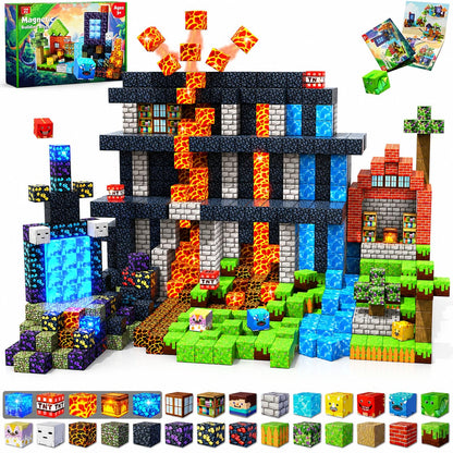 Magnetic Blocks - 150 PCS Dinosaur Volcano Forest Castle Set with Light Up Blocks - Kids Classroom Sensory Toy for Toddlers STEM, Construction