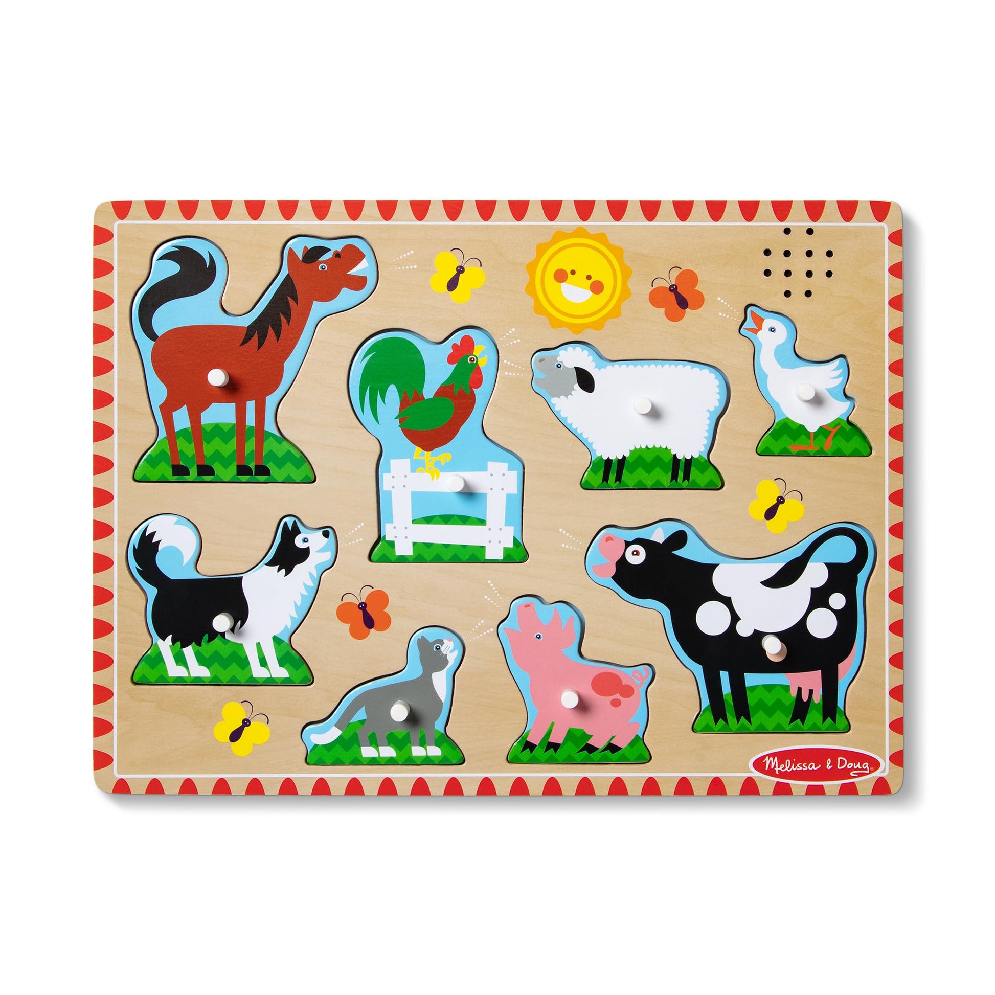 Melissa & Doug Farm Animals Sound Puzzle - 8-Piece Wooden Peg Puzzle with Light-Activated Sounds, Music Learning Toy for Toddlers and Preschoolers