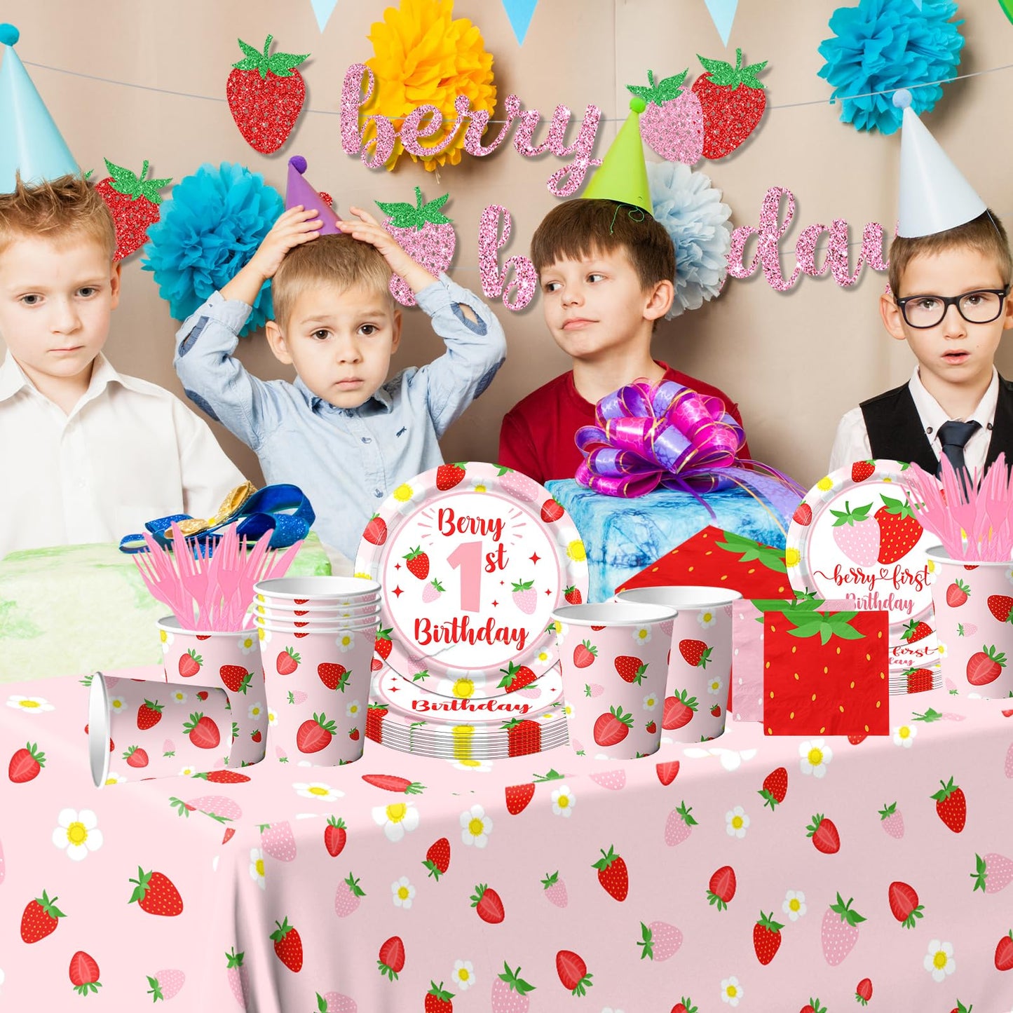 Berry First Birthday Decor Strawberry 1st Birthday Decorations for Girls with Plates, Napkins, Tablecloth, Cups Strawberry Party Decorations, Serve 20