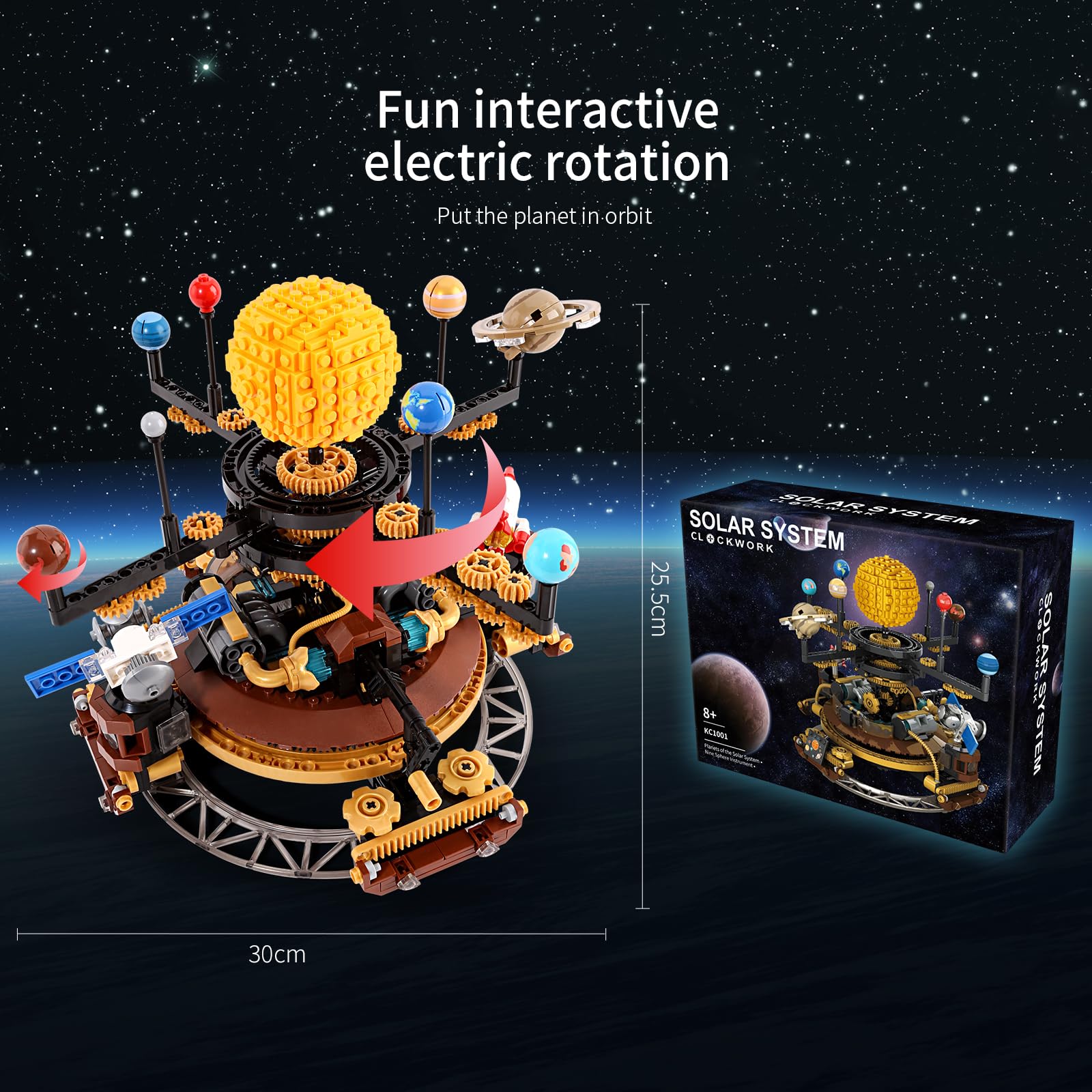 Solar System Orrery Building Set - Rotatable Planet Toys with 9 Planets & Rocket Sets, Compatible with Lego Space - Educational STEM Projects Science