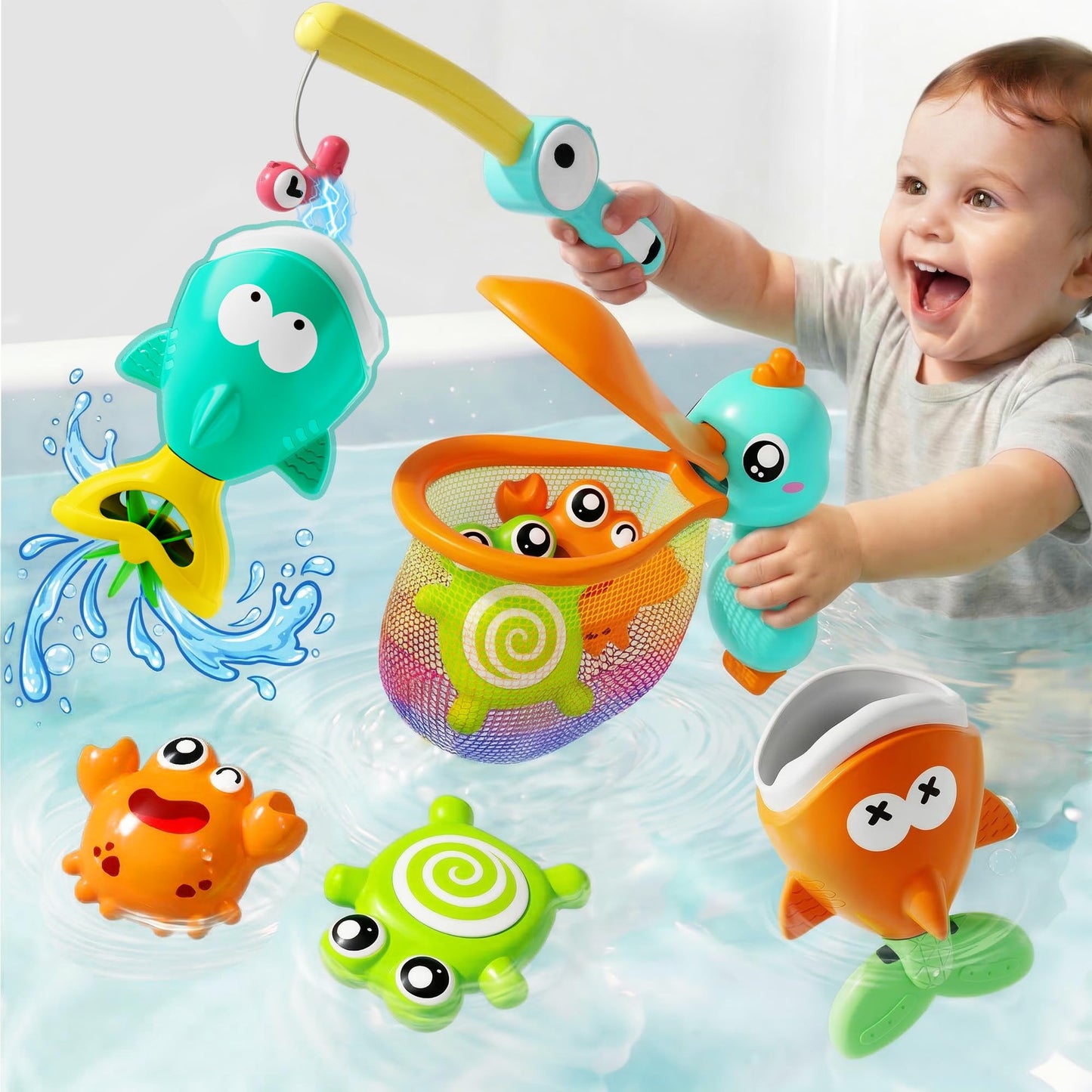 iPlay, iLearn Baby Fishing Bath Toy, Toddler Bathtub Magnetic Fishing Game W/Pole Net Fish Water Squirt Animal, Kid Shower Bathtime for Pool Play
