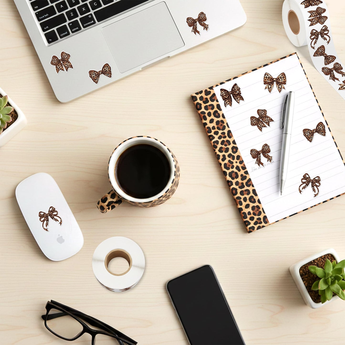 DSjuedui Trendy Cheetah Bow Roll Stickers - 1000Pcs Y2K Brown Watercolor Leopard Print Bow Vinyl Stickers, Cheetah Bowknot Waterproof Decals