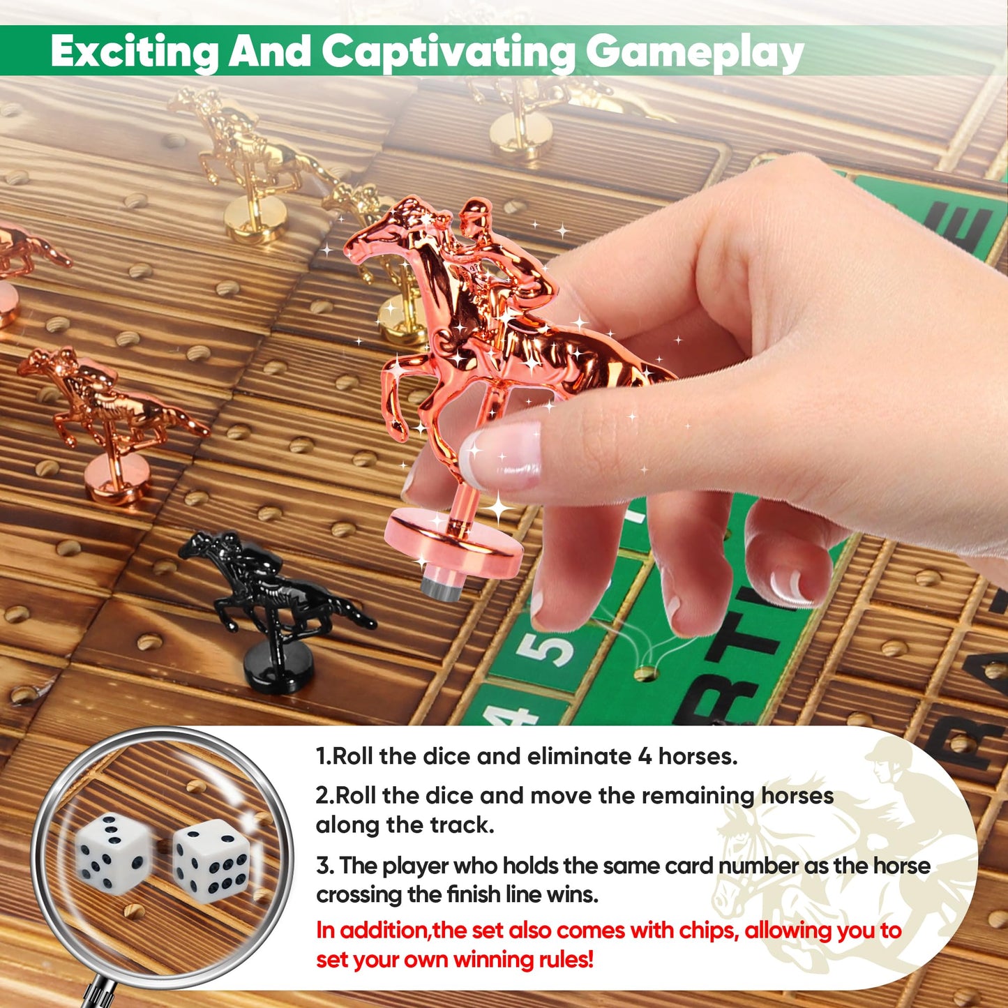 Large 22.8 inches Foldable Horse Race Board Game for Adults, Thickened Solid Wood with 11 Luxurious Durable Classic Metal Horses, 143 Chips, 2 Dice, 2