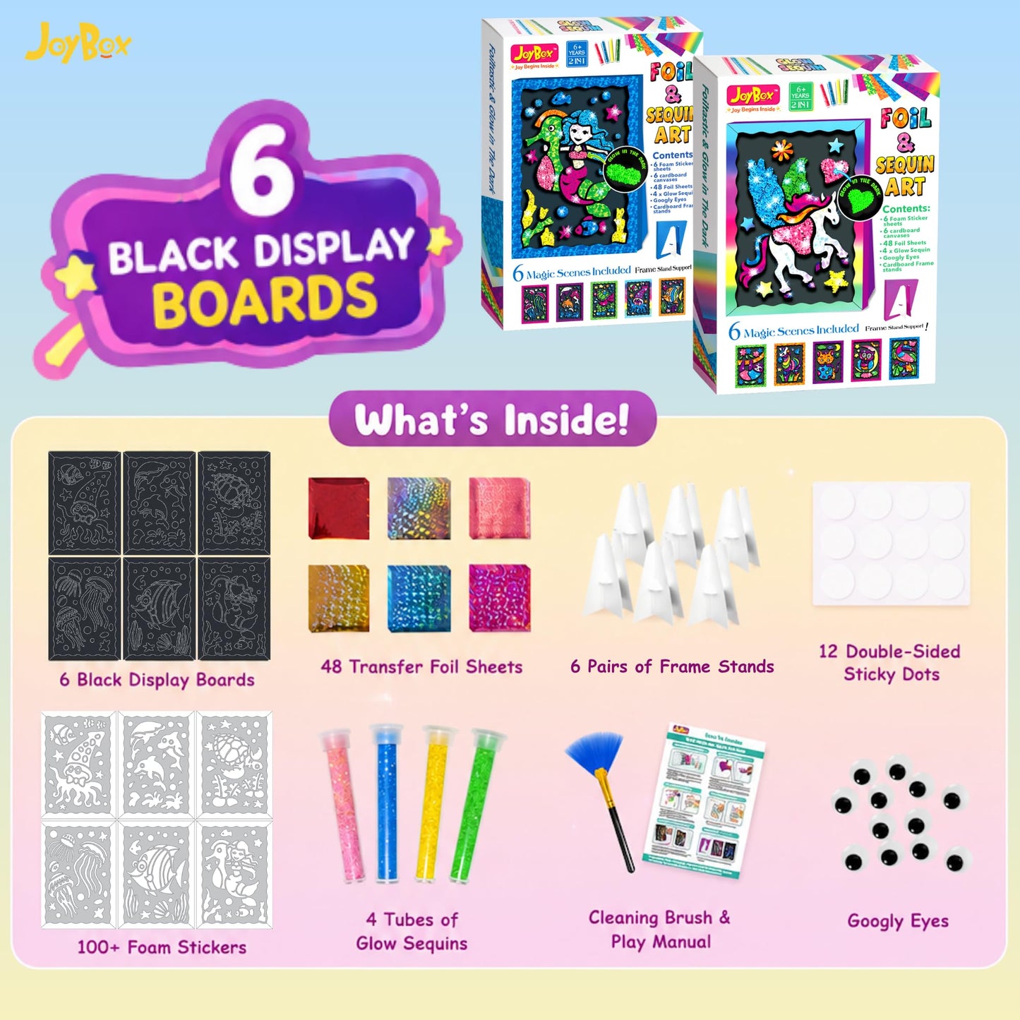 JoyBox Foil Art & Glow Sequin Art Craft Kit 2-in-1, Mermaid Luminous Set 6+